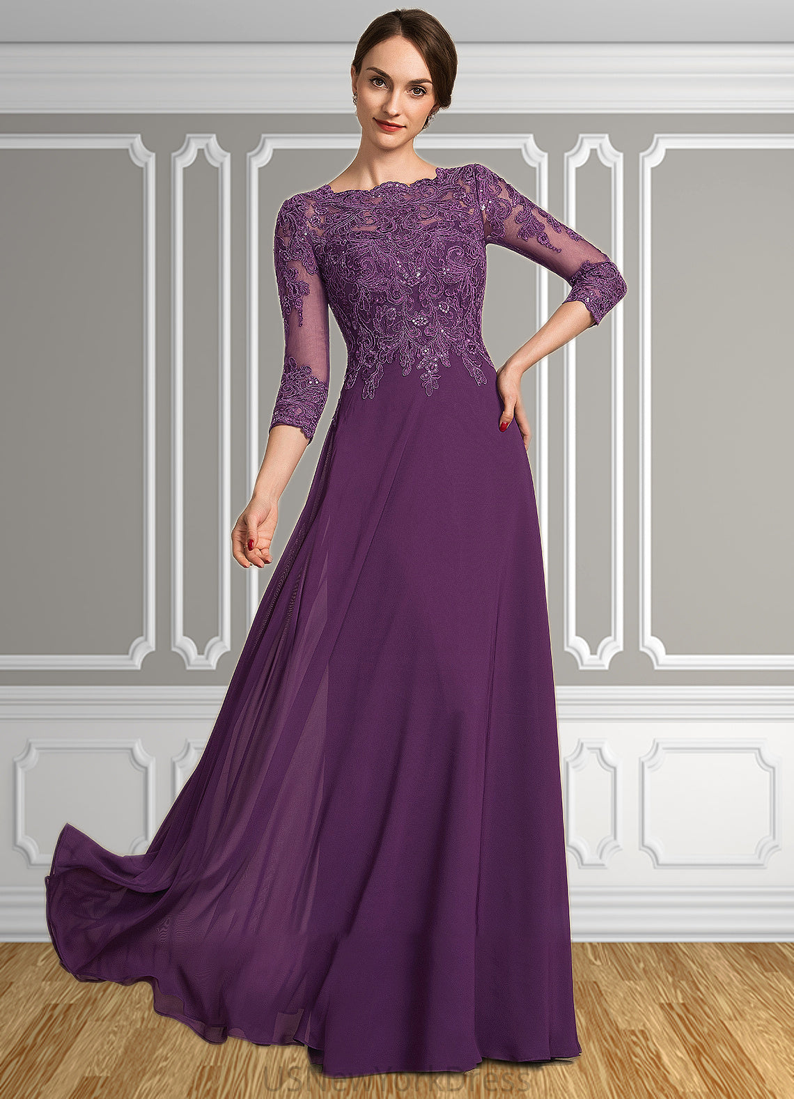 Ellie A-Line Scoop Neck Floor-Length Chiffon Lace Mother of the Bride Dress With Sequins DJ126P0014590