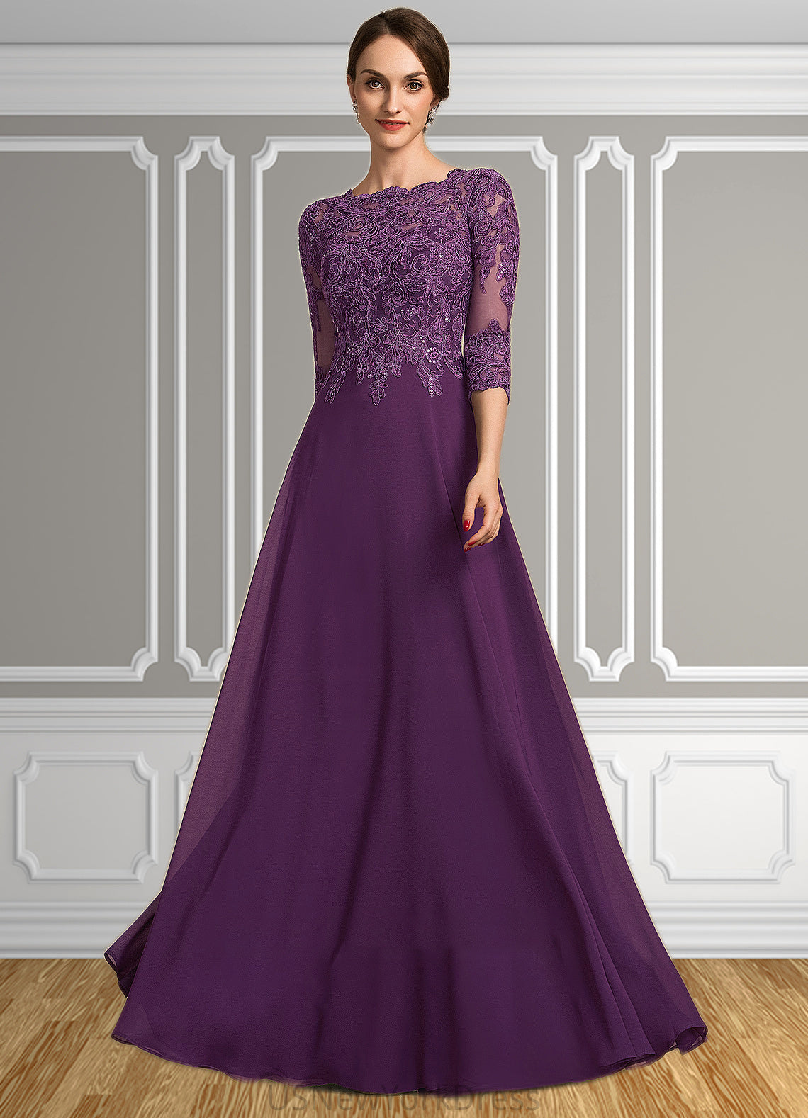 Ellie A-Line Scoop Neck Floor-Length Chiffon Lace Mother of the Bride Dress With Sequins DJ126P0014590