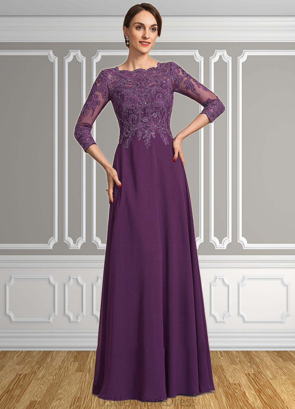 Ellie A-Line Scoop Neck Floor-Length Chiffon Lace Mother of the Bride Dress With Sequins DJ126P0014590