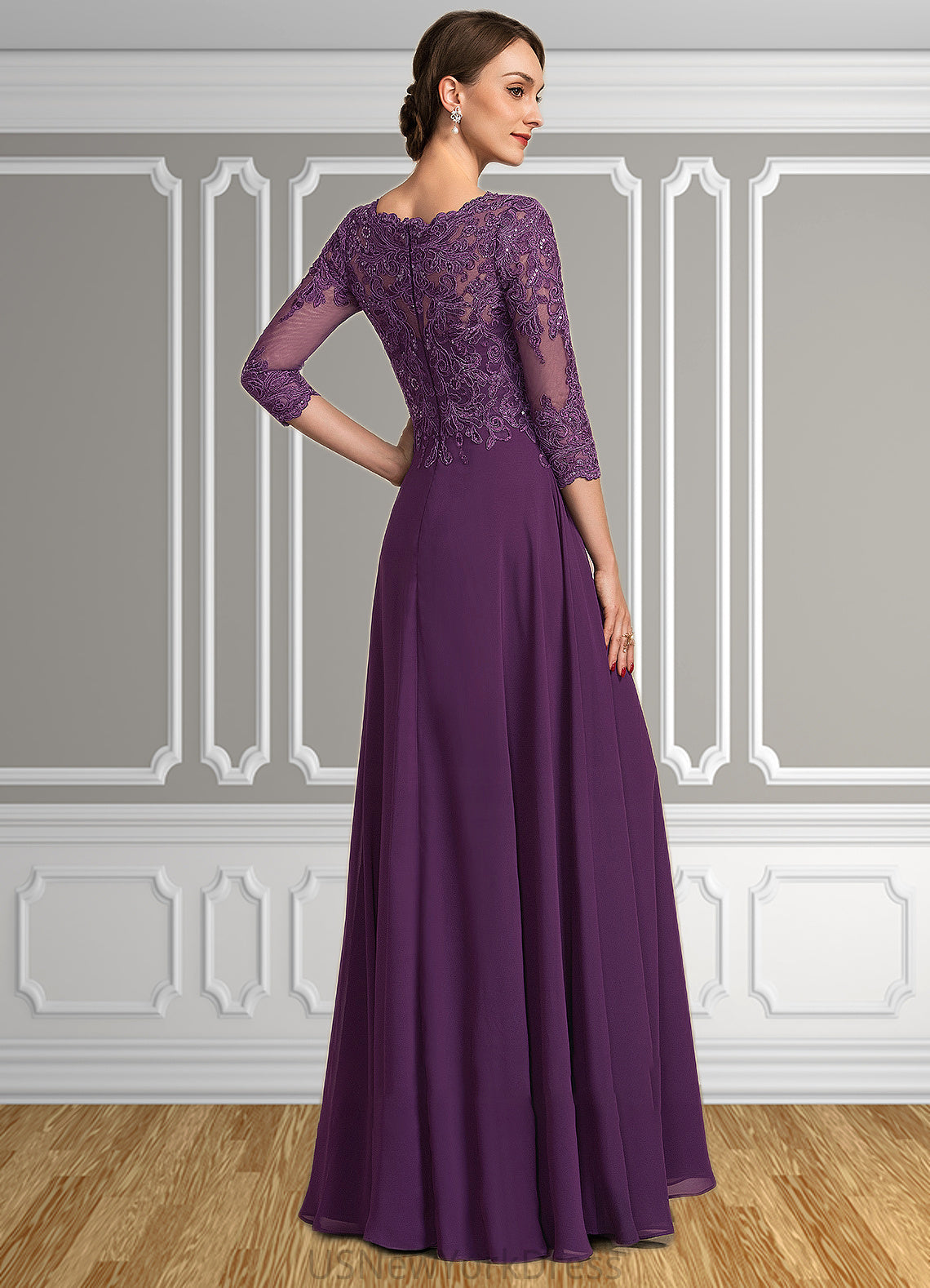 Ellie A-Line Scoop Neck Floor-Length Chiffon Lace Mother of the Bride Dress With Sequins DJ126P0014590