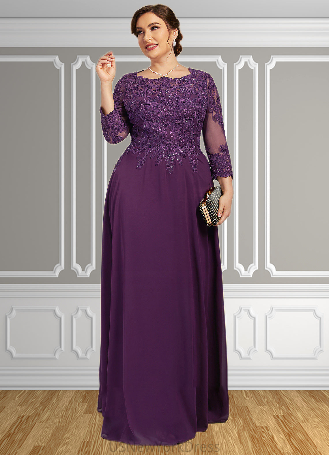 Ellie A-Line Scoop Neck Floor-Length Chiffon Lace Mother of the Bride Dress With Sequins DJ126P0014590