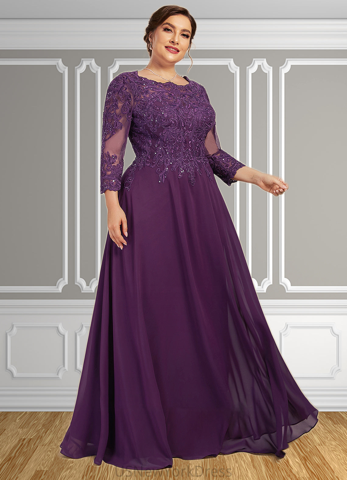 Ellie A-Line Scoop Neck Floor-Length Chiffon Lace Mother of the Bride Dress With Sequins DJ126P0014590