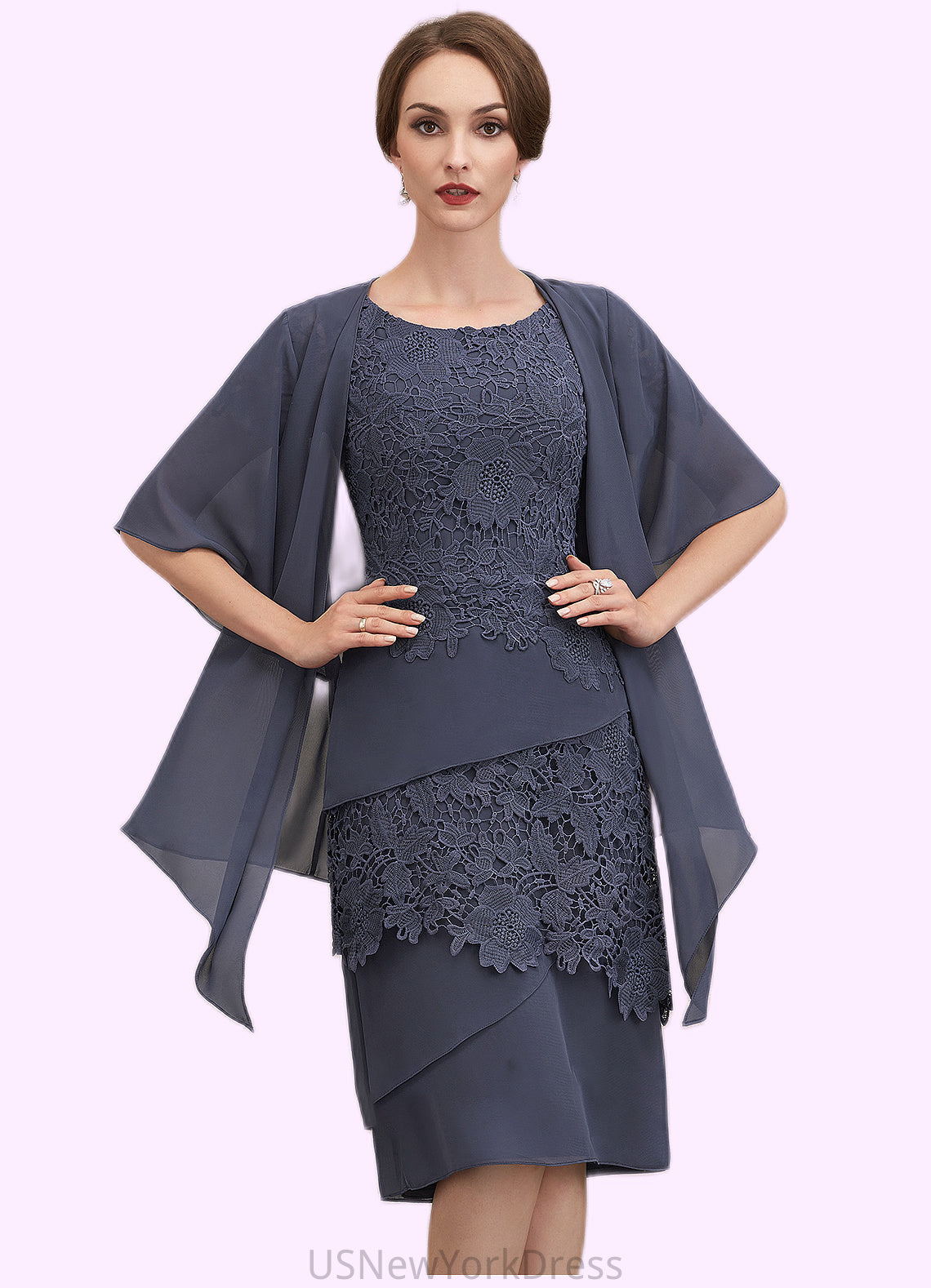 Elisa Sheath/Column Scoop Neck Knee-Length Chiffon Lace Mother of the Bride Dress DJ126P0014591