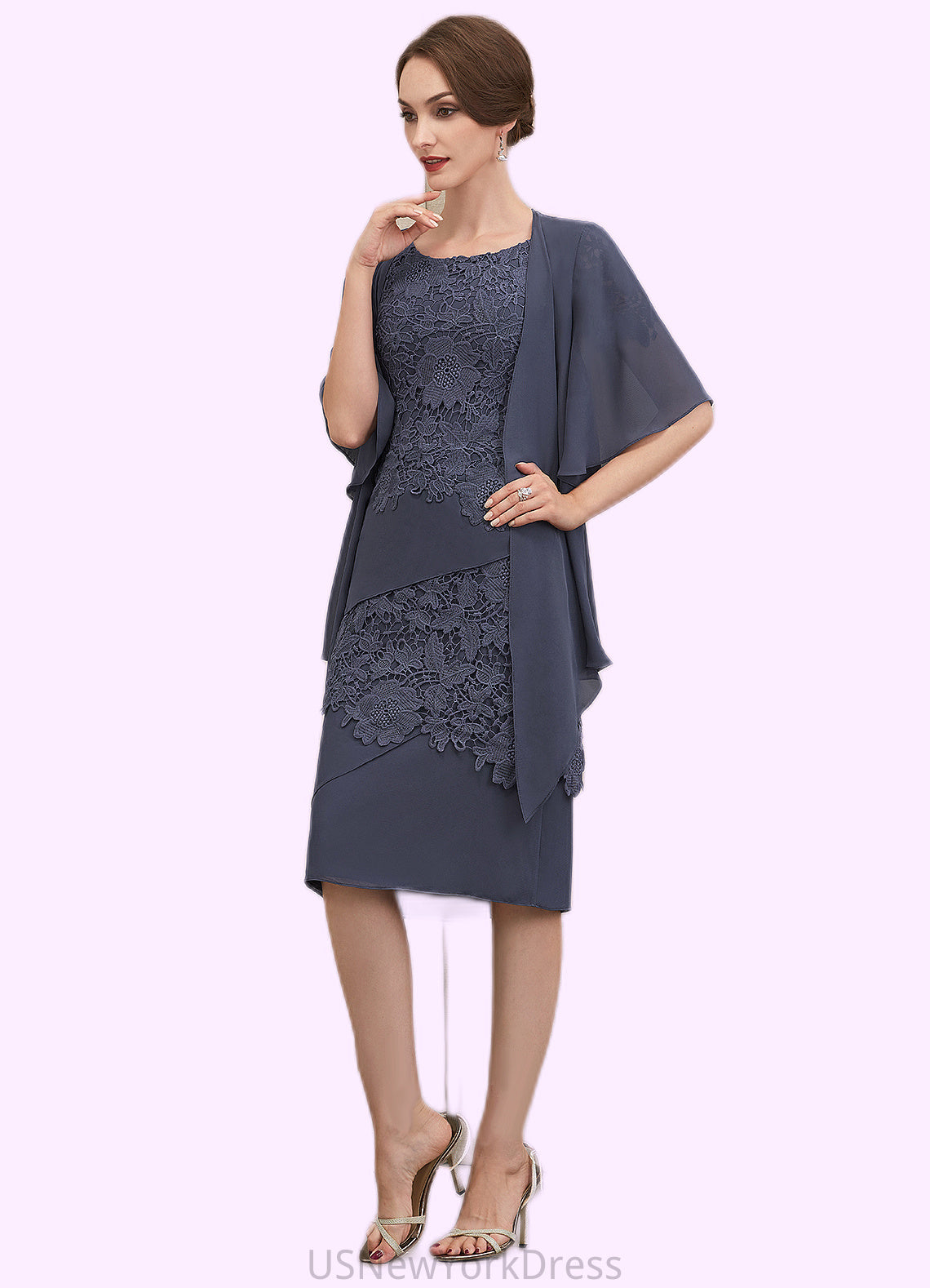 Elisa Sheath/Column Scoop Neck Knee-Length Chiffon Lace Mother of the Bride Dress DJ126P0014591