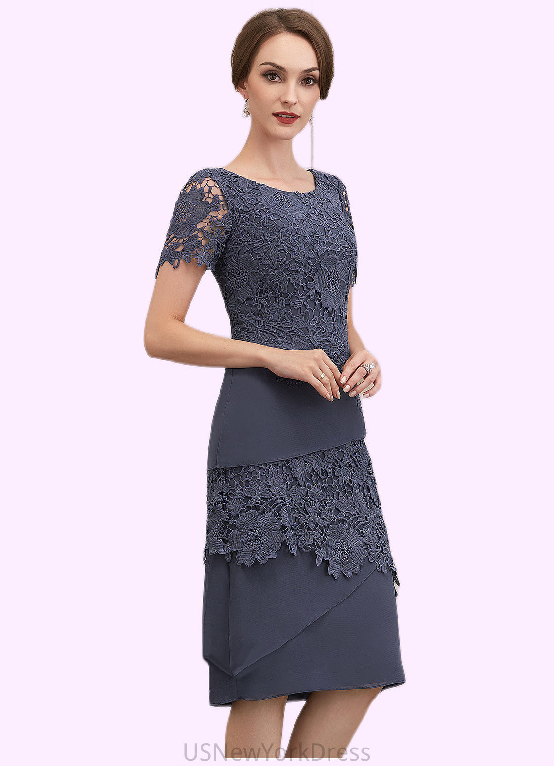 Elisa Sheath/Column Scoop Neck Knee-Length Chiffon Lace Mother of the Bride Dress DJ126P0014591