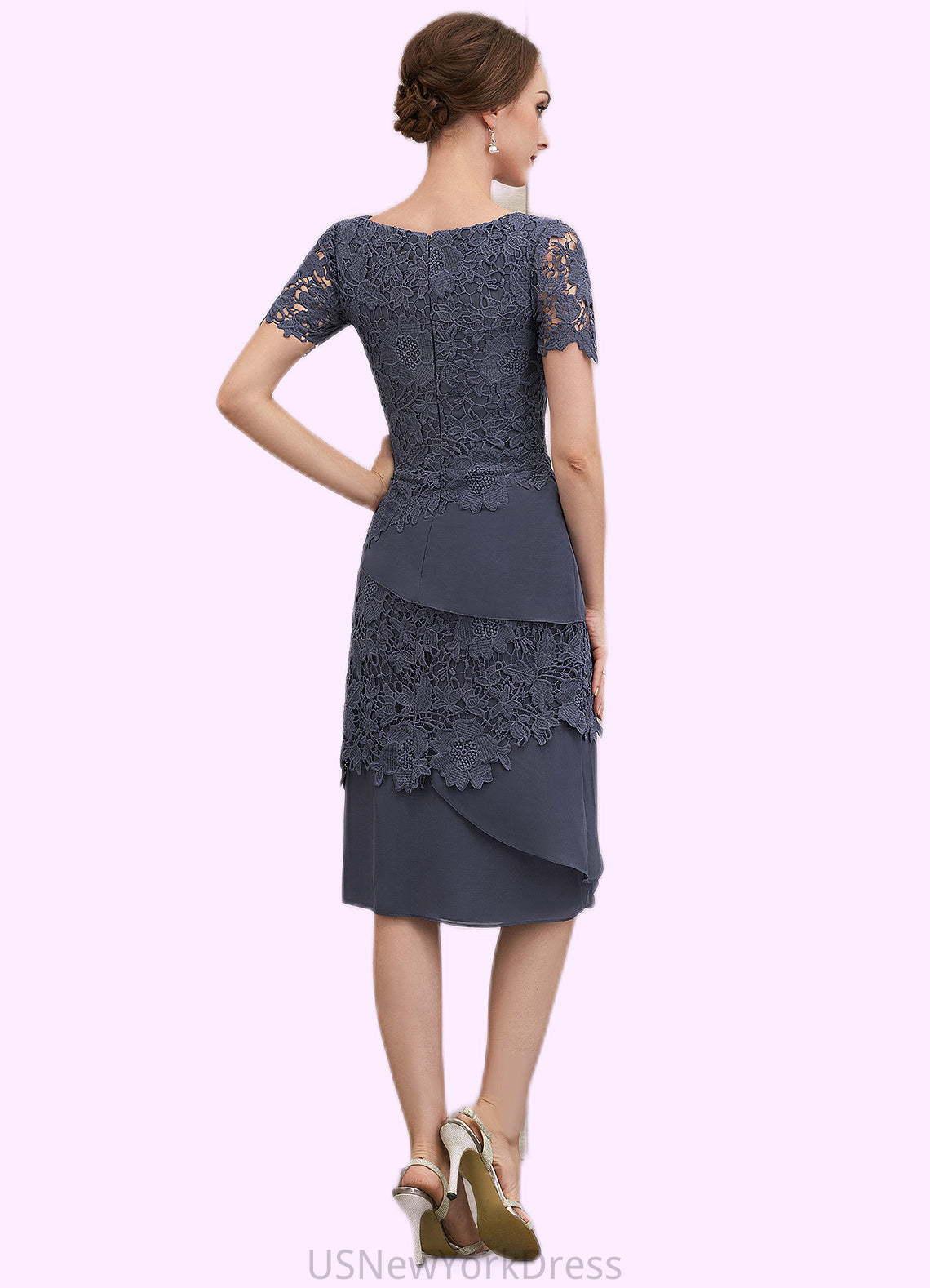 Elisa Sheath/Column Scoop Neck Knee-Length Chiffon Lace Mother of the Bride Dress DJ126P0014591