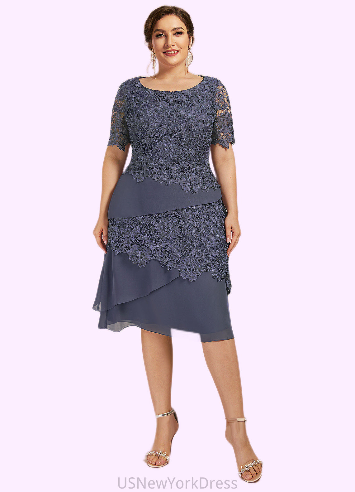 Elisa Sheath/Column Scoop Neck Knee-Length Chiffon Lace Mother of the Bride Dress DJ126P0014591