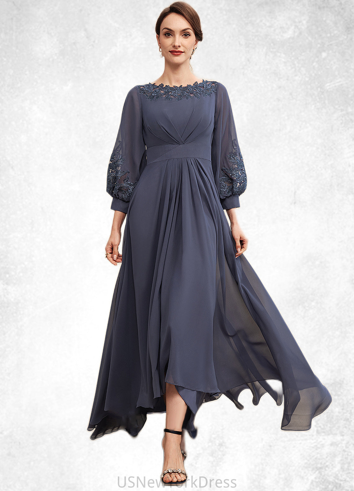 Denise A-Line Scoop Neck Asymmetrical Chiffon Mother of the Bride Dress With Ruffle Appliques Lace DJ126P0014592