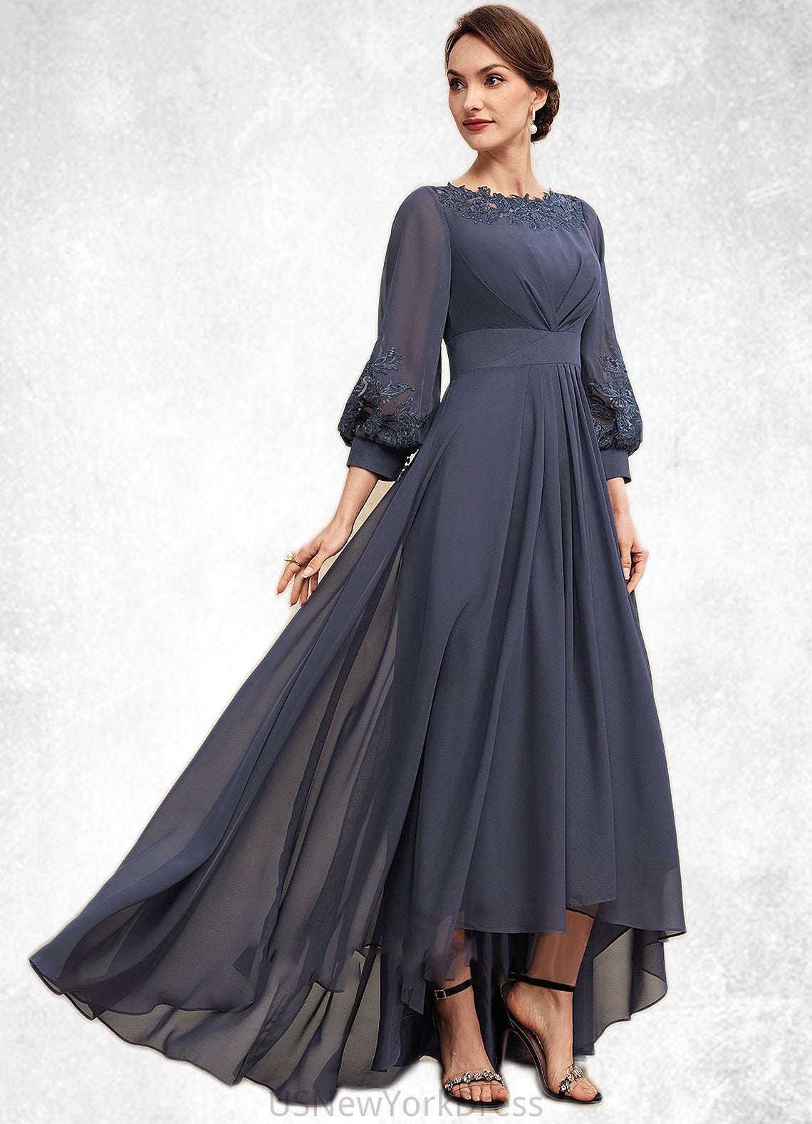 Denise A-Line Scoop Neck Asymmetrical Chiffon Mother of the Bride Dress With Ruffle Appliques Lace DJ126P0014592