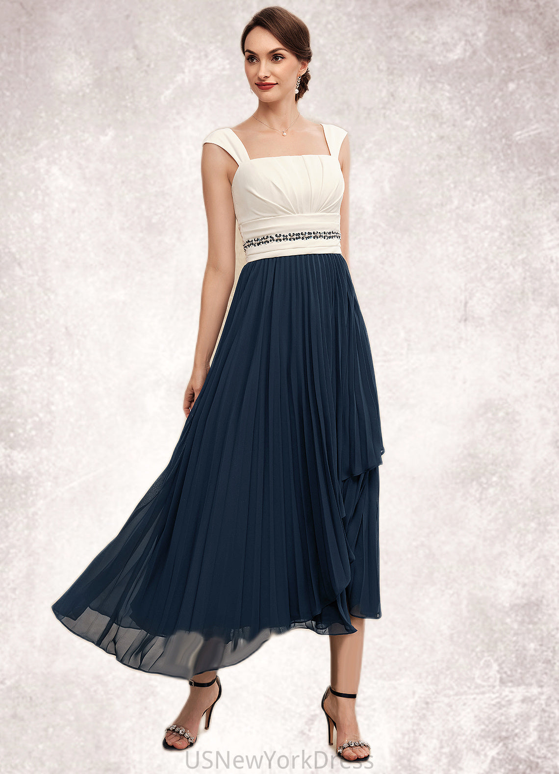 Savannah A-Line Square Neckline Tea-Length Chiffon Mother of the Bride Dress With Beading Sequins Pleated DJ126P0014594