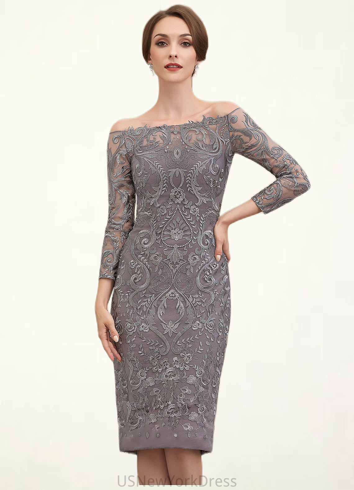 Ella Sheath/Column Off-the-Shoulder Knee-Length Lace Mother of the Bride Dress DJ126P0014595