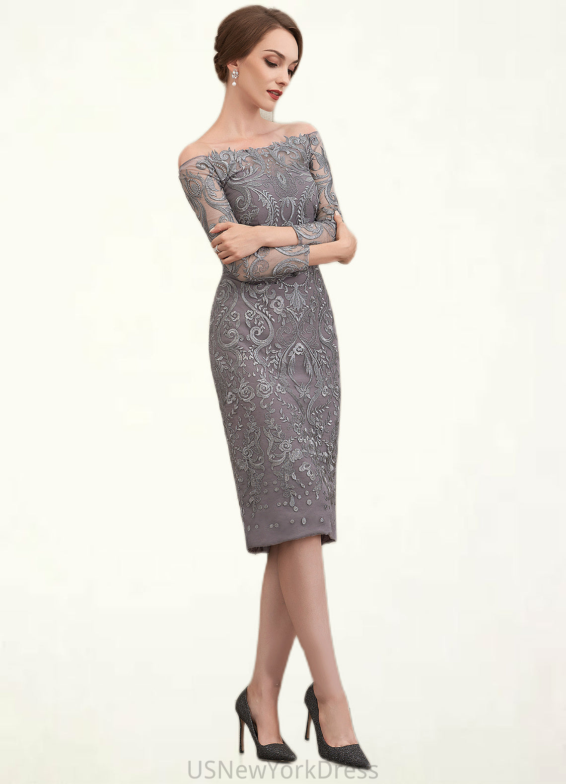 Ella Sheath/Column Off-the-Shoulder Knee-Length Lace Mother of the Bride Dress DJ126P0014595