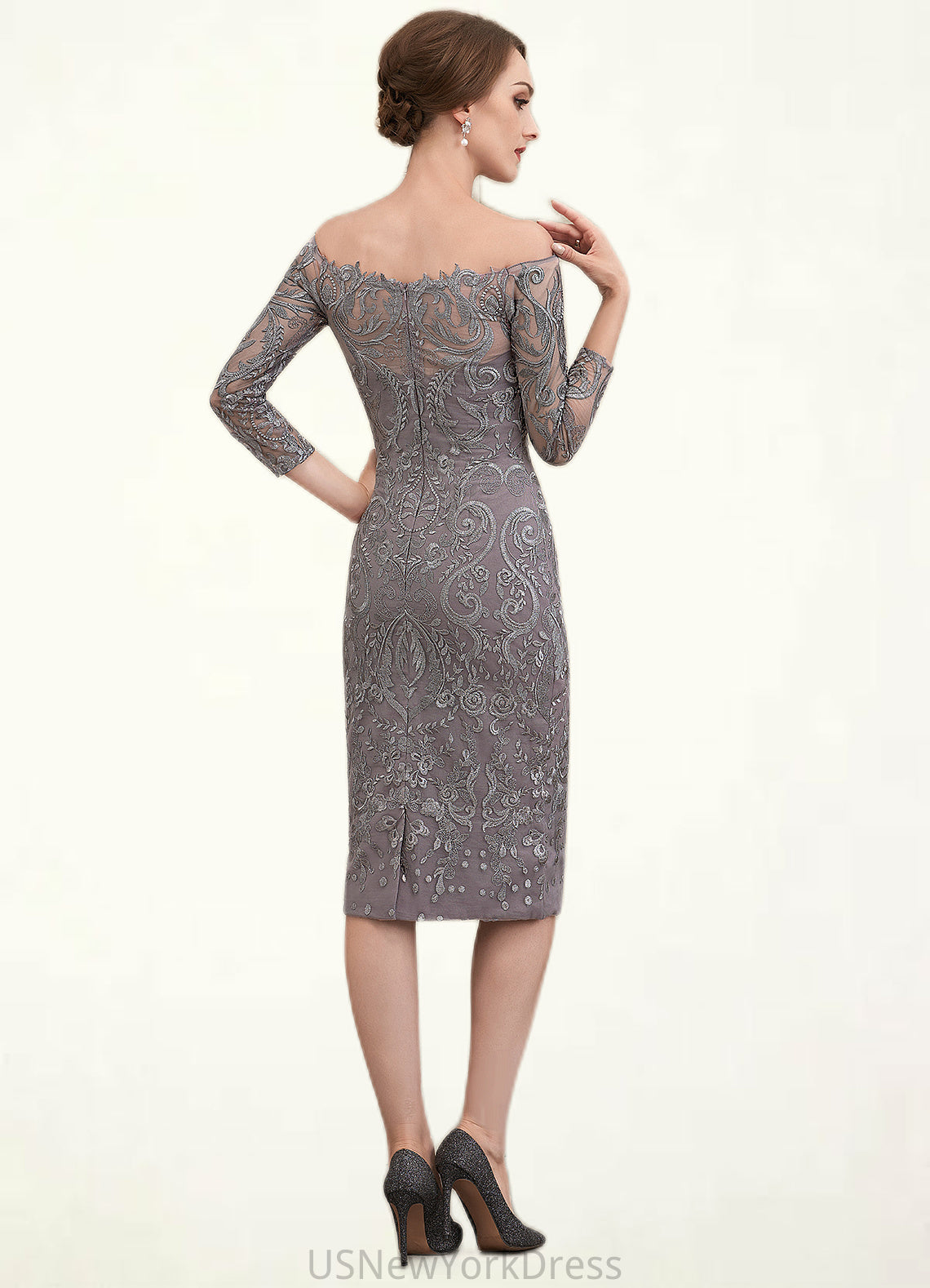 Ella Sheath/Column Off-the-Shoulder Knee-Length Lace Mother of the Bride Dress DJ126P0014595