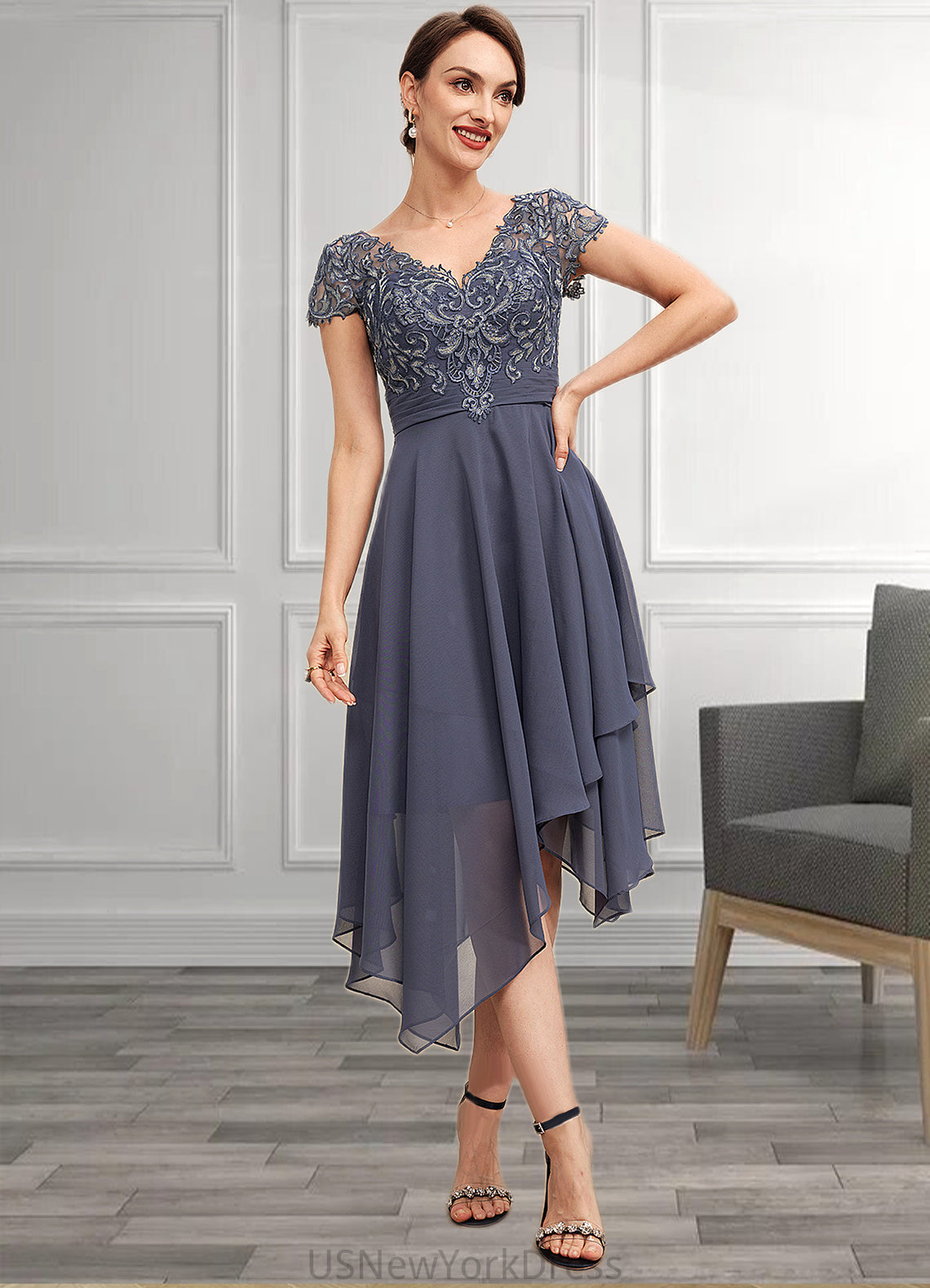 Grace A-Line V-neck Asymmetrical Chiffon Lace Mother of the Bride Dress With Ruffle DJ126P0014596