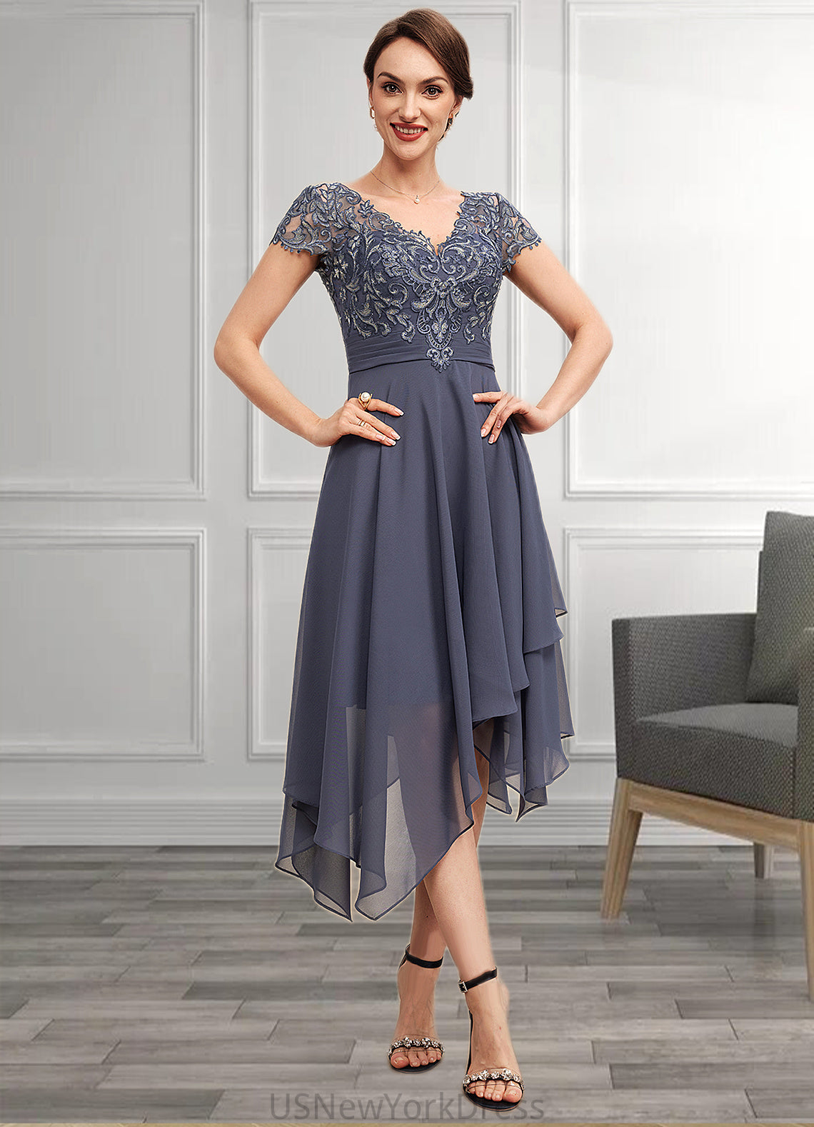 Grace A-Line V-neck Asymmetrical Chiffon Lace Mother of the Bride Dress With Ruffle DJ126P0014596