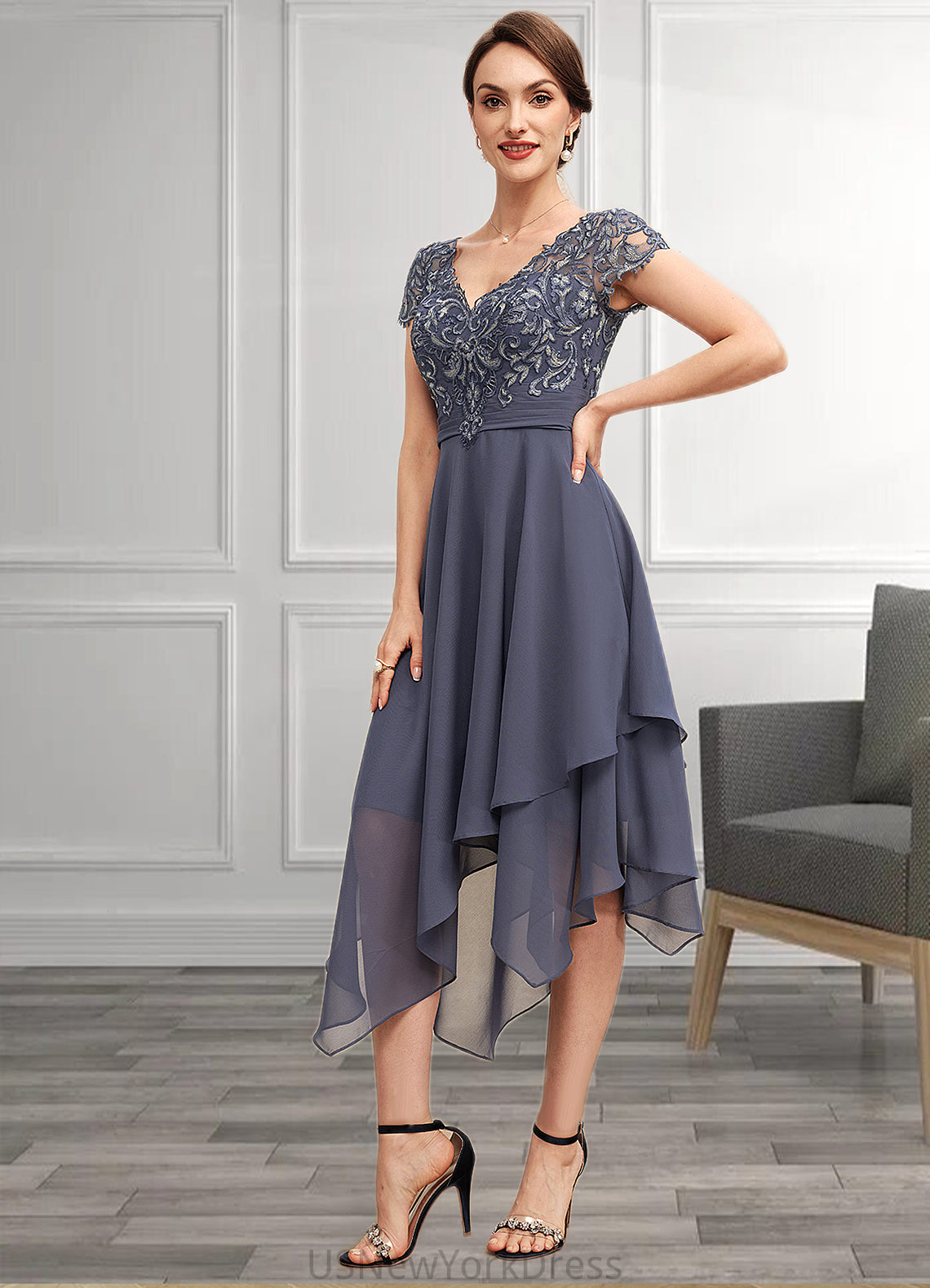 Grace A-Line V-neck Asymmetrical Chiffon Lace Mother of the Bride Dress With Ruffle DJ126P0014596