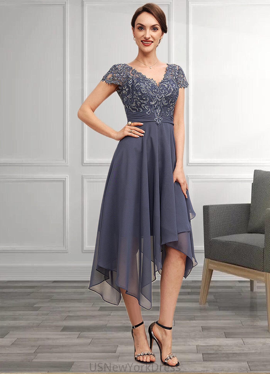 Grace A-Line V-neck Asymmetrical Chiffon Lace Mother of the Bride Dress With Ruffle DJ126P0014596