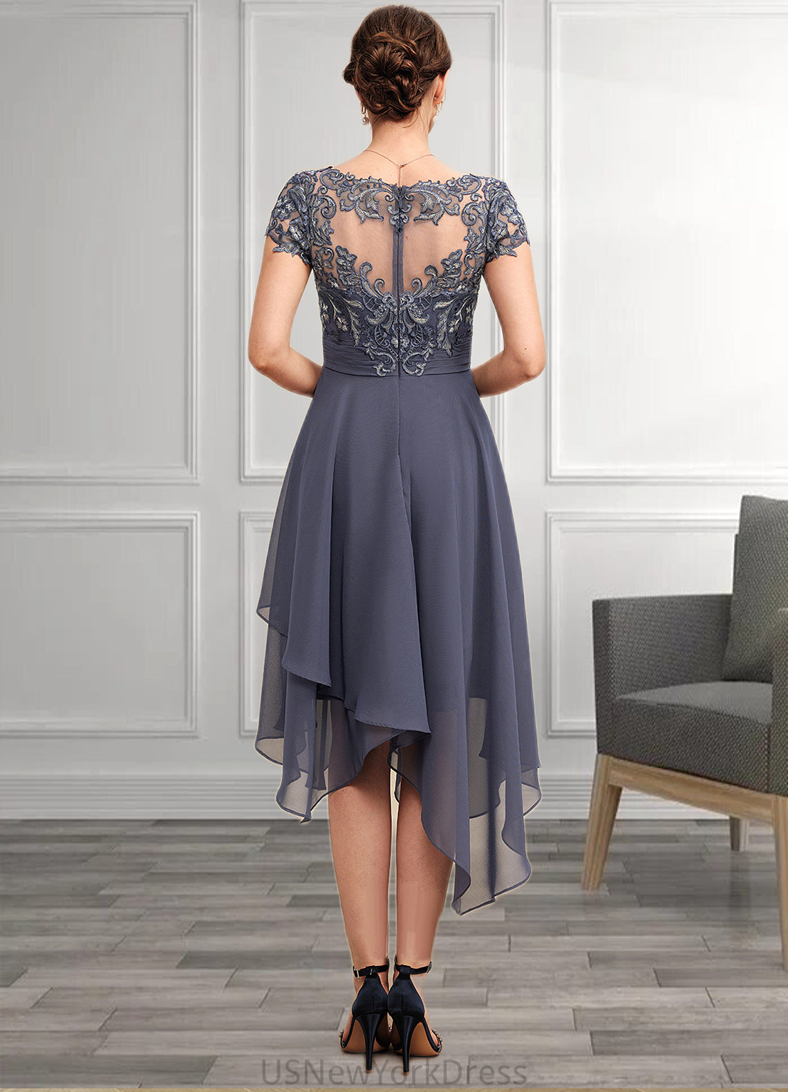 Grace A-Line V-neck Asymmetrical Chiffon Lace Mother of the Bride Dress With Ruffle DJ126P0014596