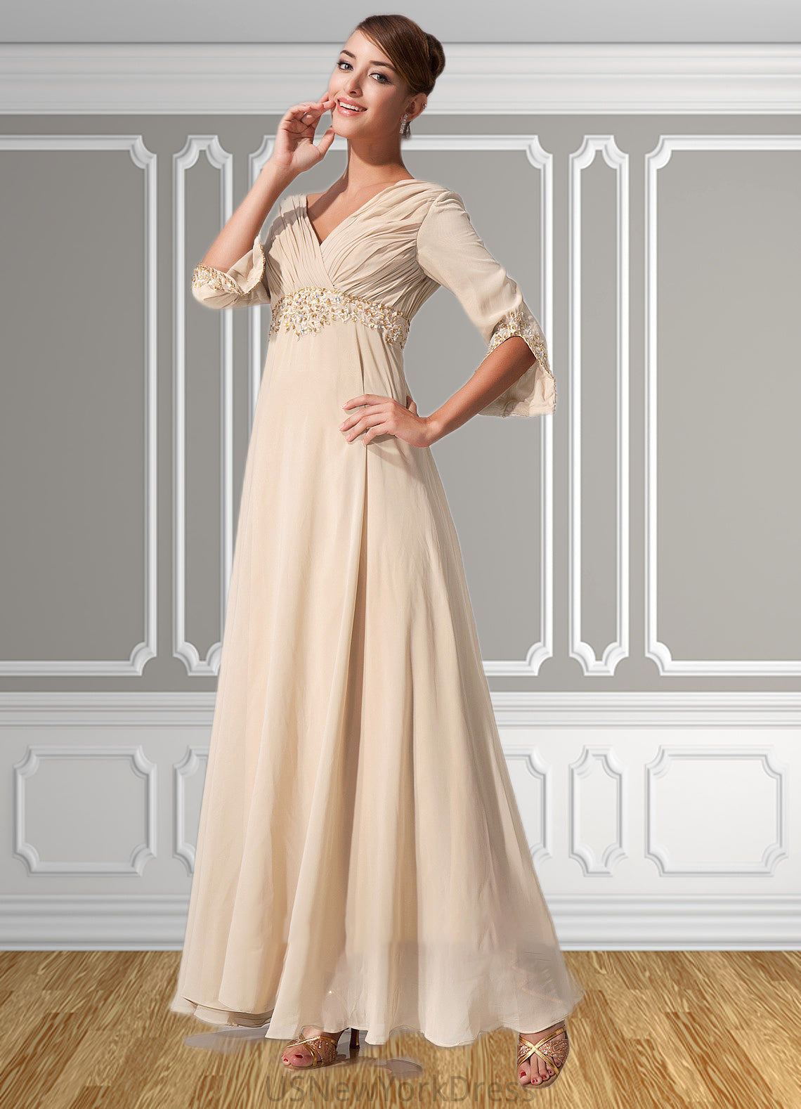 Lucy Empire V-neck Floor-Length Chiffon Mother of the Bride Dress With Ruffle Beading DJ126P0014597