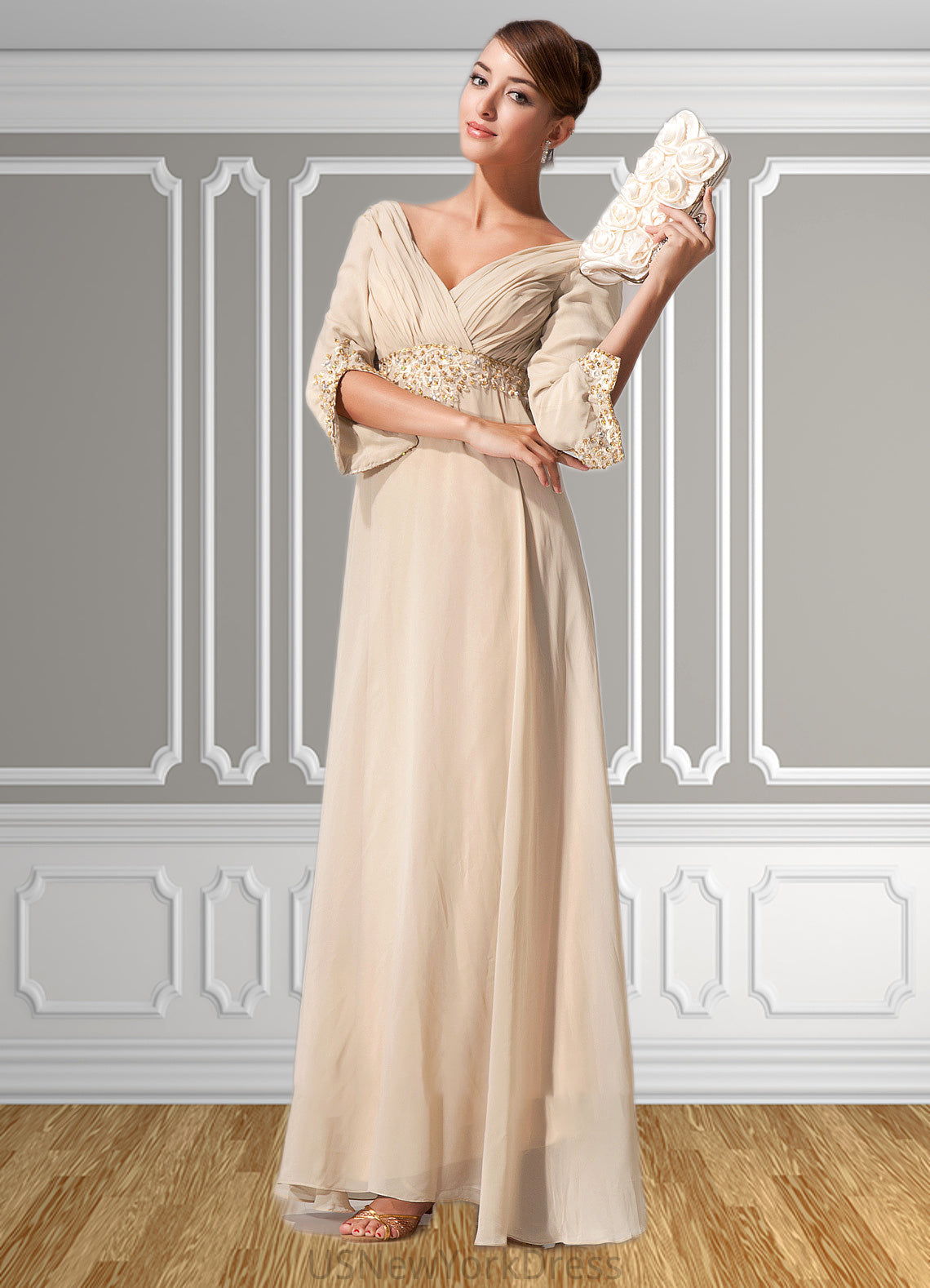 Lucy Empire V-neck Floor-Length Chiffon Mother of the Bride Dress With Ruffle Beading DJ126P0014597