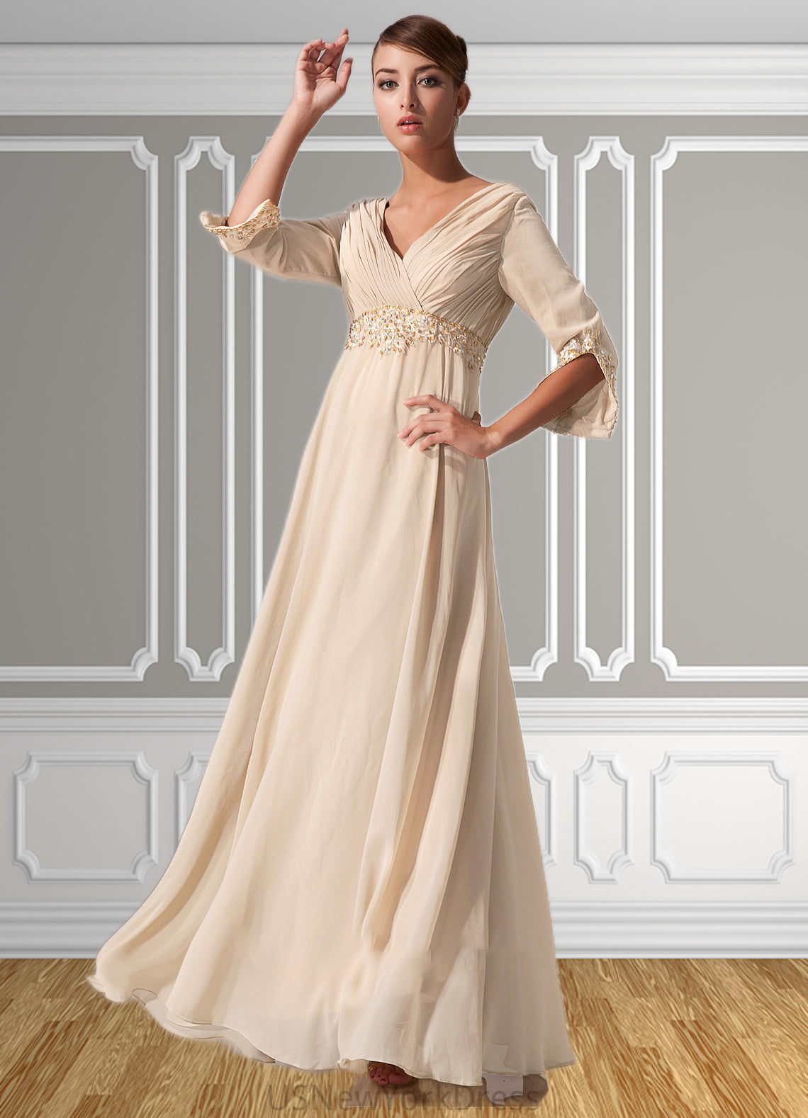 Lucy Empire V-neck Floor-Length Chiffon Mother of the Bride Dress With Ruffle Beading DJ126P0014597