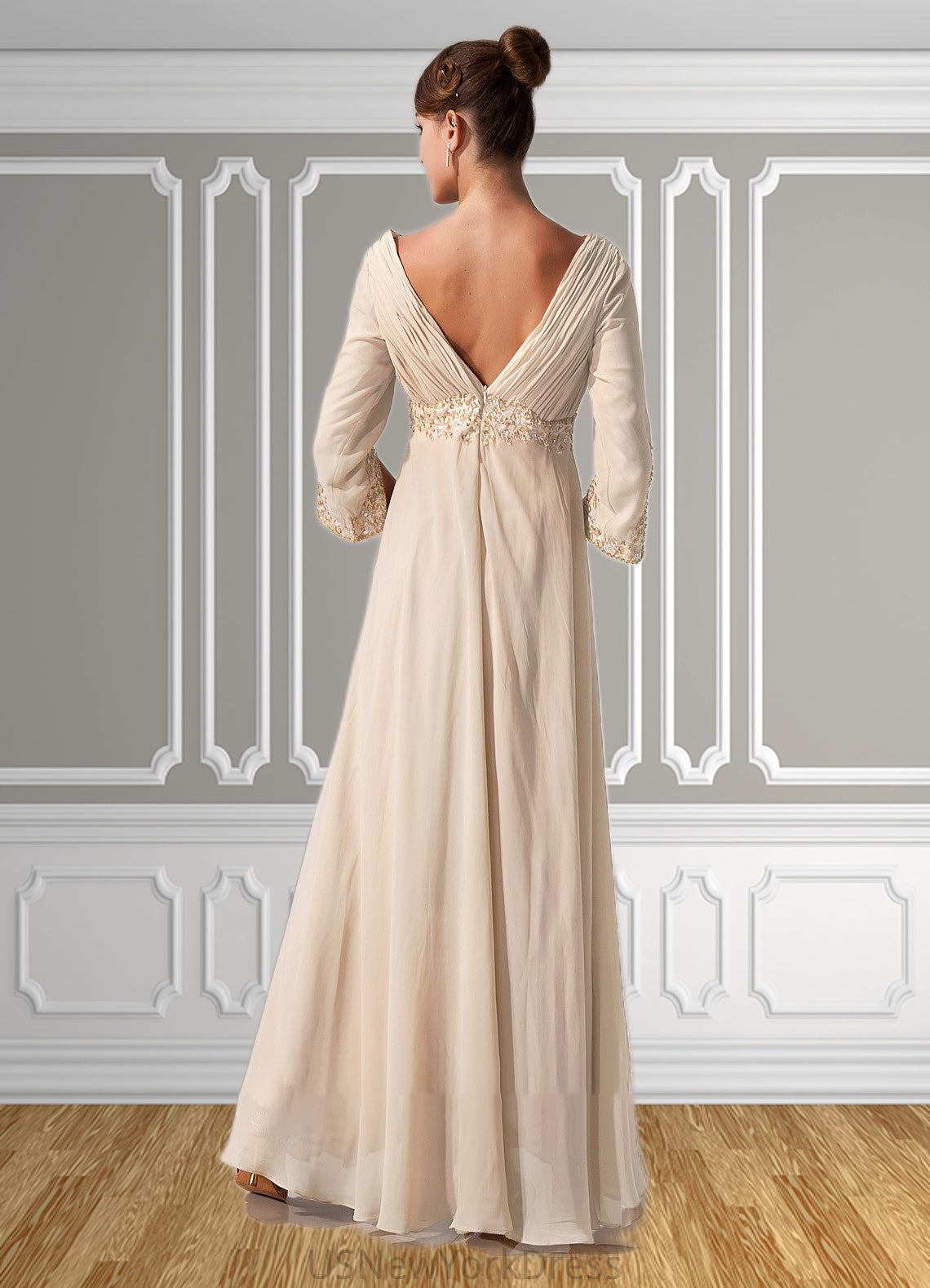 Lucy Empire V-neck Floor-Length Chiffon Mother of the Bride Dress With Ruffle Beading DJ126P0014597