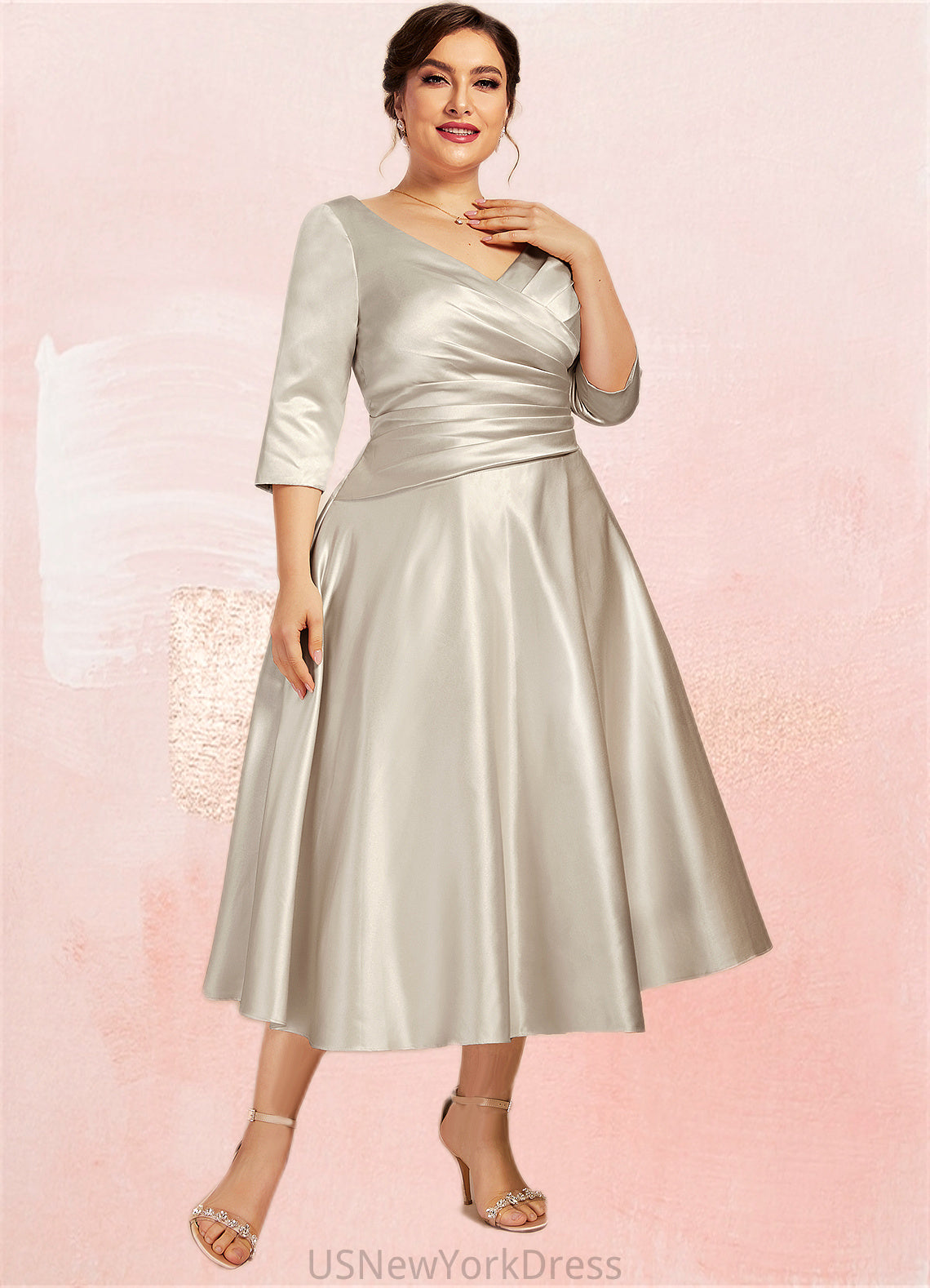 Vicky A-Line V-neck Tea-Length Satin Mother of the Bride Dress With Ruffle DJ126P0014598