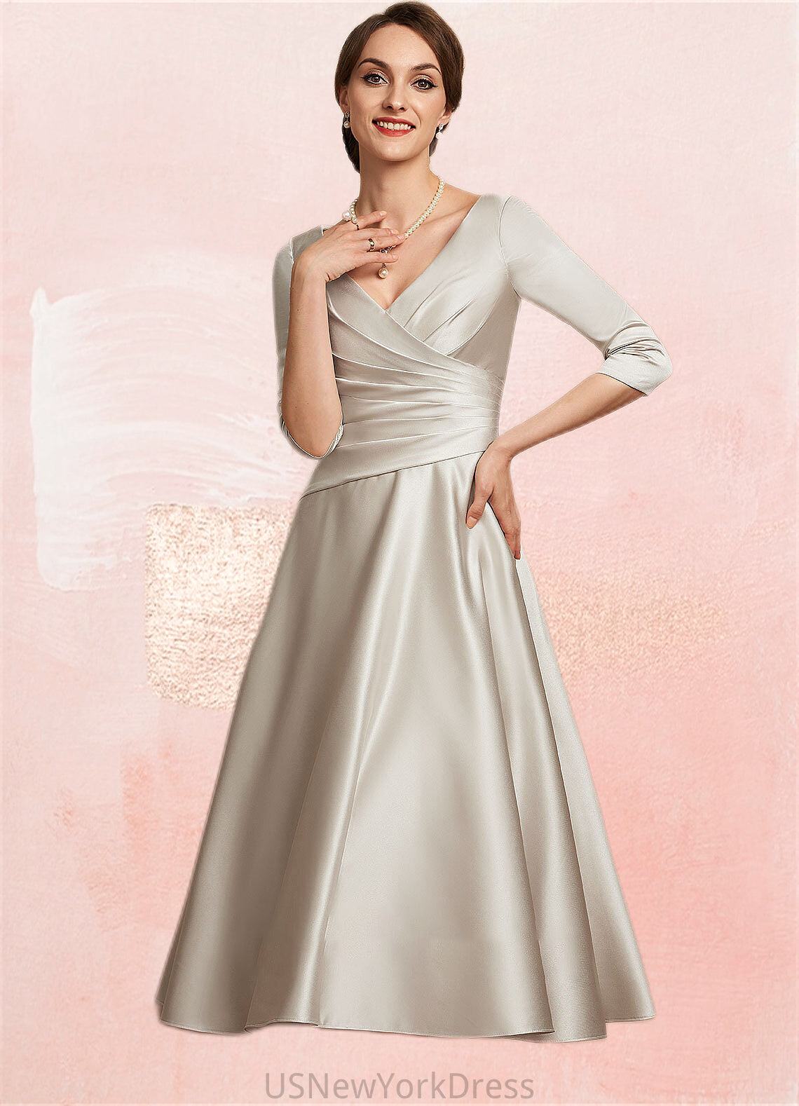 Vicky A-Line V-neck Tea-Length Satin Mother of the Bride Dress With Ruffle DJ126P0014598