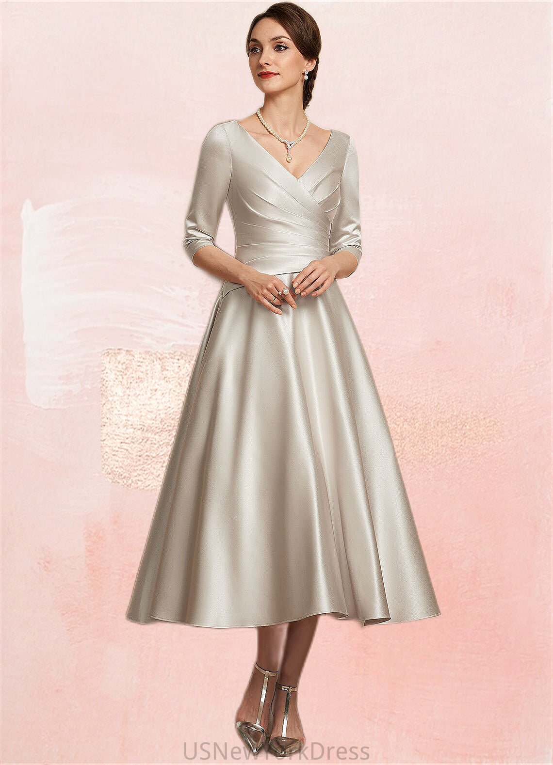 Vicky A-Line V-neck Tea-Length Satin Mother of the Bride Dress With Ruffle DJ126P0014598