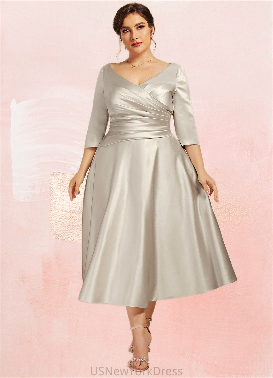 Vicky A-Line V-neck Tea-Length Satin Mother of the Bride Dress With Ruffle DJ126P0014598