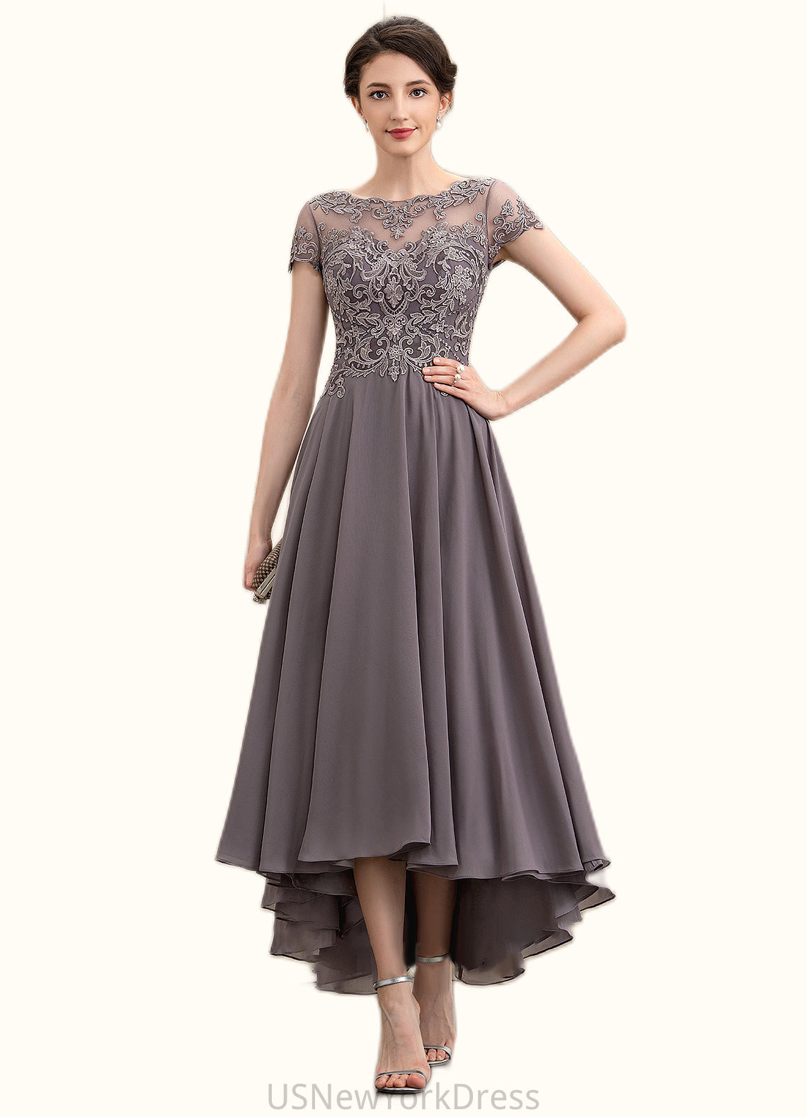 Addisyn A-Line Scoop Neck Asymmetrical Chiffon Lace Mother of the Bride Dress With Beading Sequins DJ126P0014599