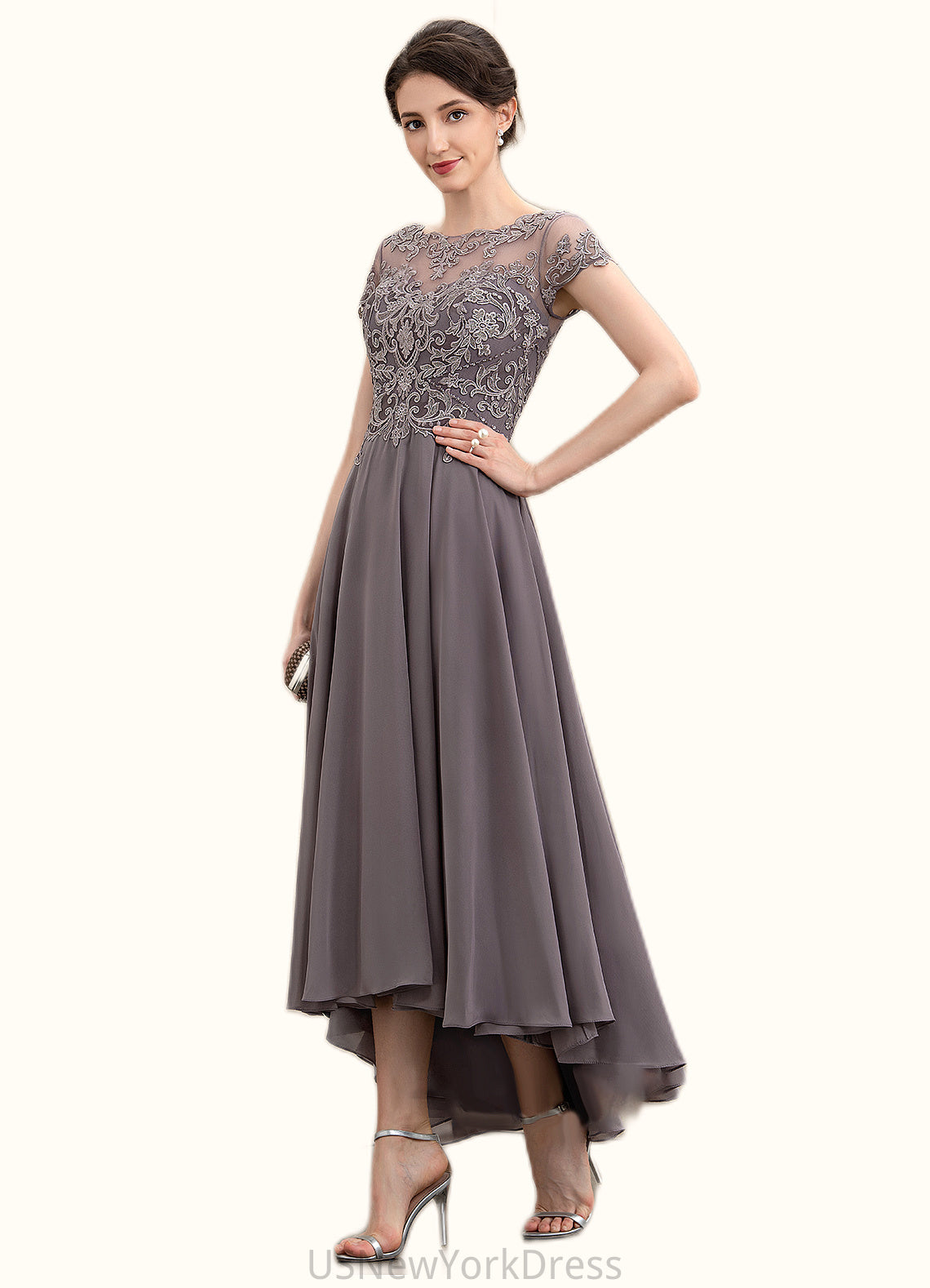 Addisyn A-Line Scoop Neck Asymmetrical Chiffon Lace Mother of the Bride Dress With Beading Sequins DJ126P0014599