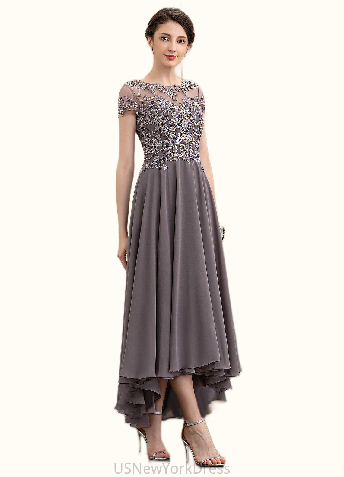 Addisyn A-Line Scoop Neck Asymmetrical Chiffon Lace Mother of the Bride Dress With Beading Sequins DJ126P0014599