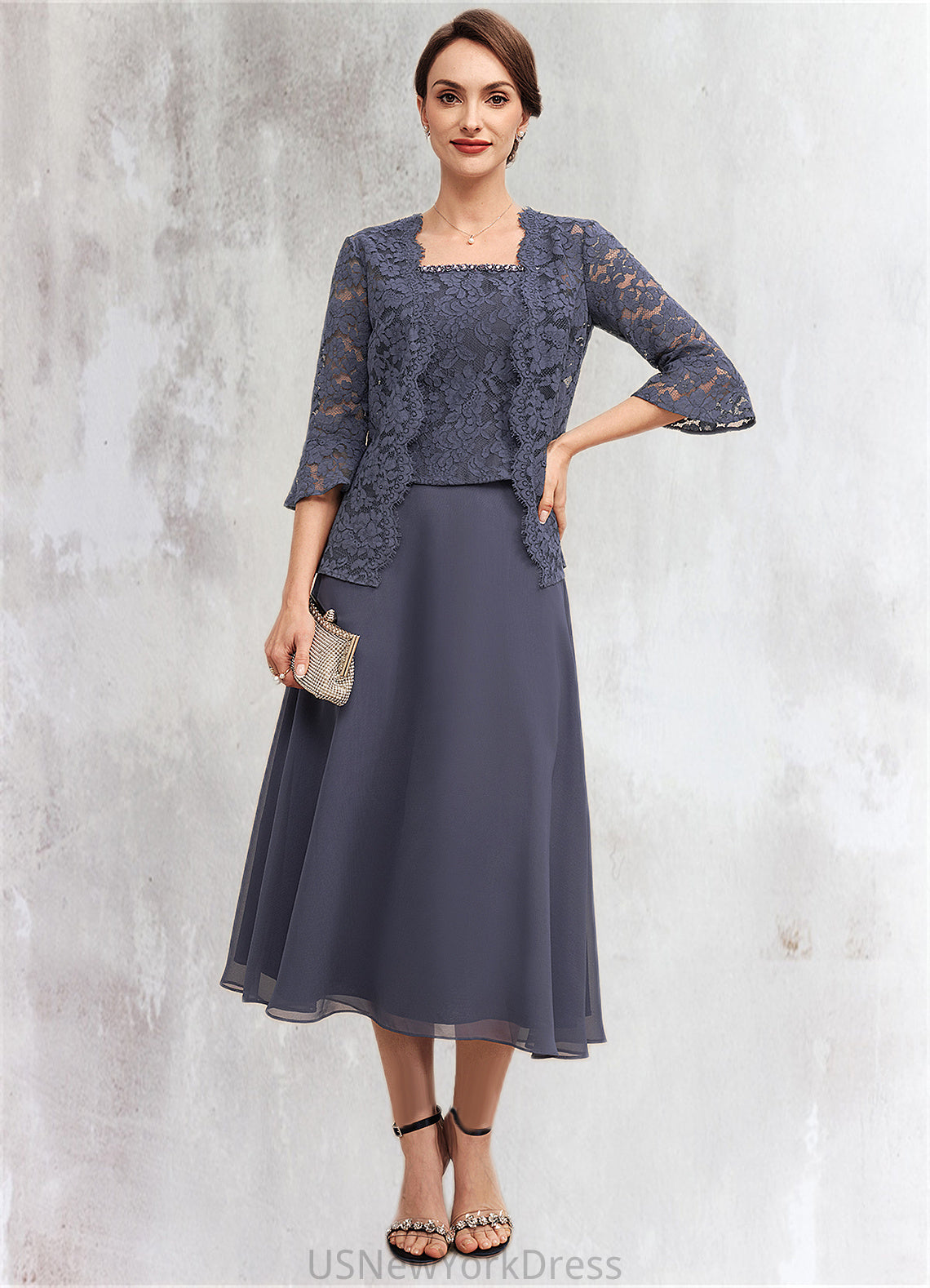 Kamryn A-Line Square Neckline Tea-Length Chiffon Lace Mother of the Bride Dress With Beading DJ126P0014601