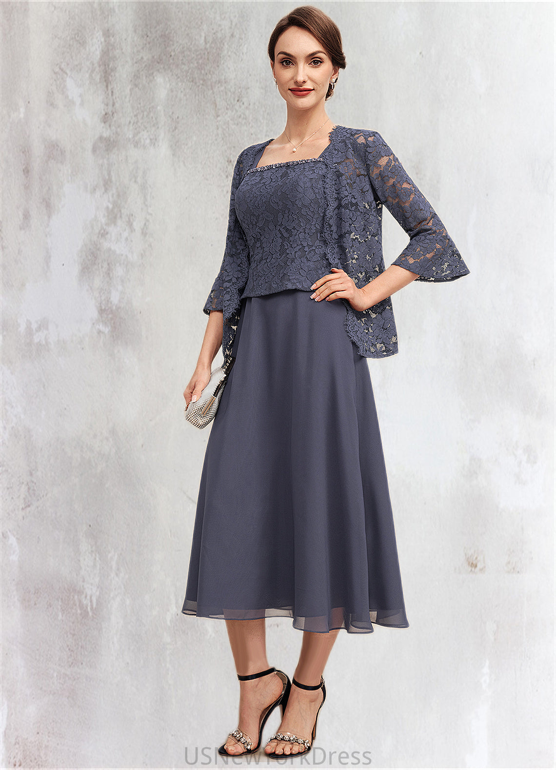 Kamryn A-Line Square Neckline Tea-Length Chiffon Lace Mother of the Bride Dress With Beading DJ126P0014601