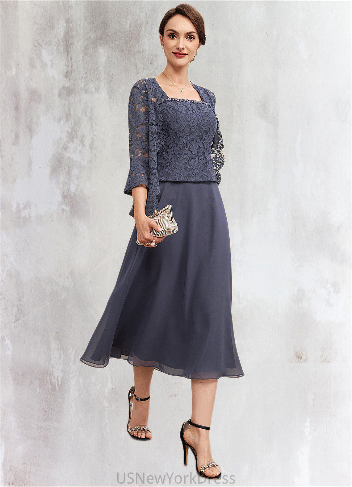 Kamryn A-Line Square Neckline Tea-Length Chiffon Lace Mother of the Bride Dress With Beading DJ126P0014601