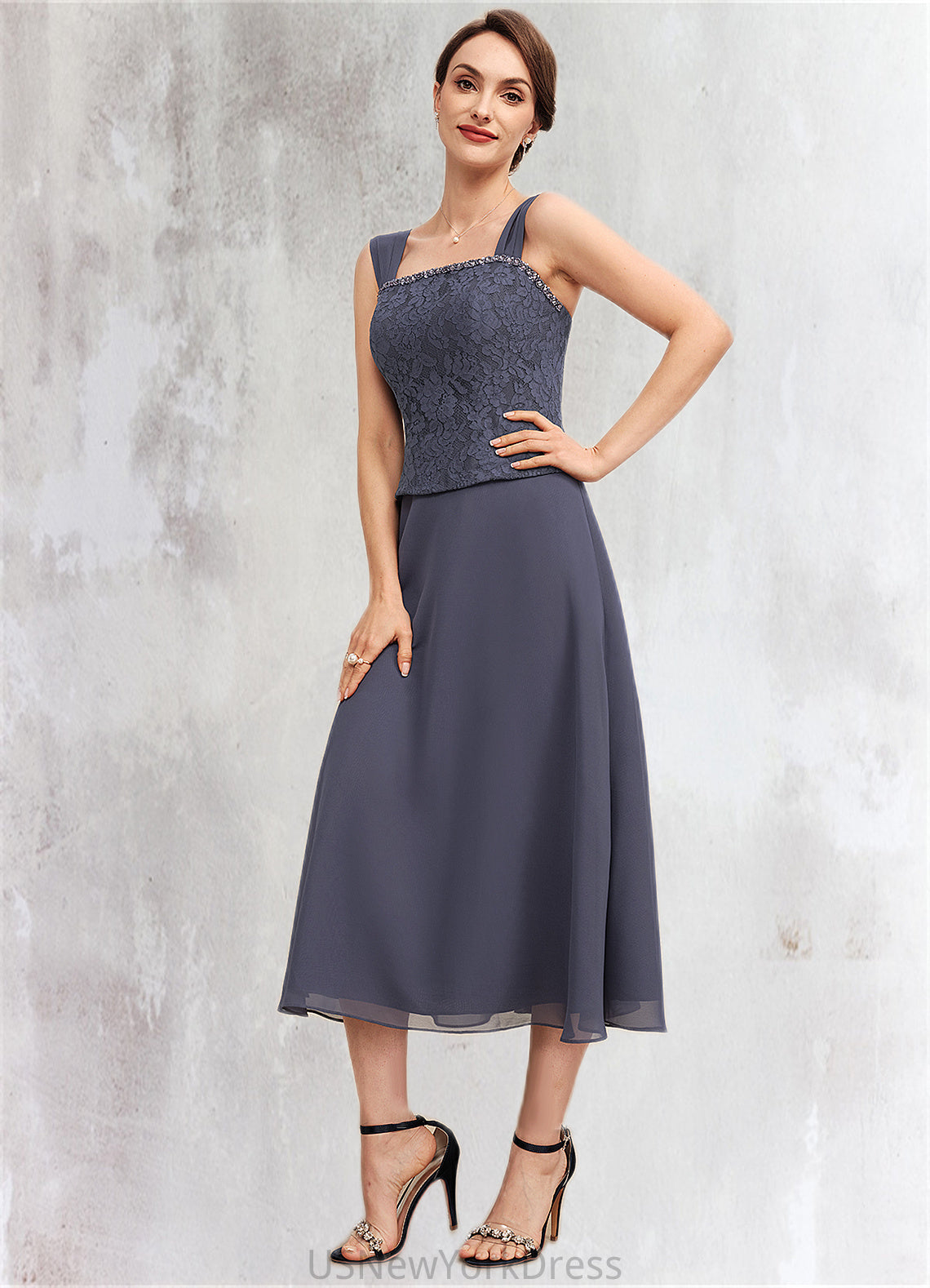 Kamryn A-Line Square Neckline Tea-Length Chiffon Lace Mother of the Bride Dress With Beading DJ126P0014601