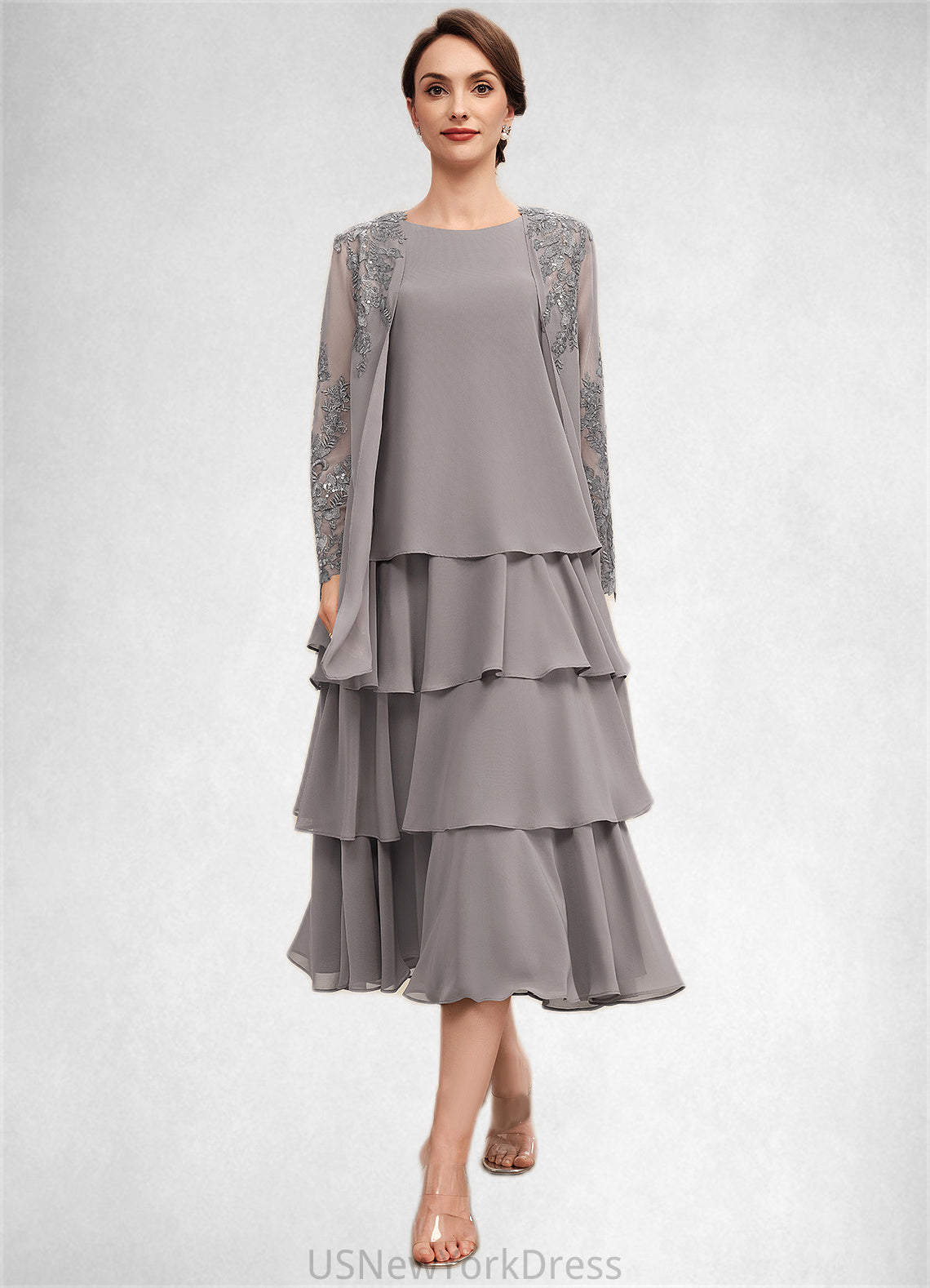 Skyler A-Line Scoop Neck Tea-Length Chiffon Mother of the Bride Dress With Cascading Ruffles DJ126P0014603