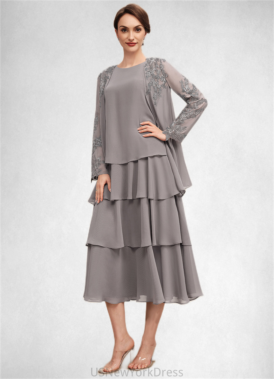 Skyler A-Line Scoop Neck Tea-Length Chiffon Mother of the Bride Dress With Cascading Ruffles DJ126P0014603