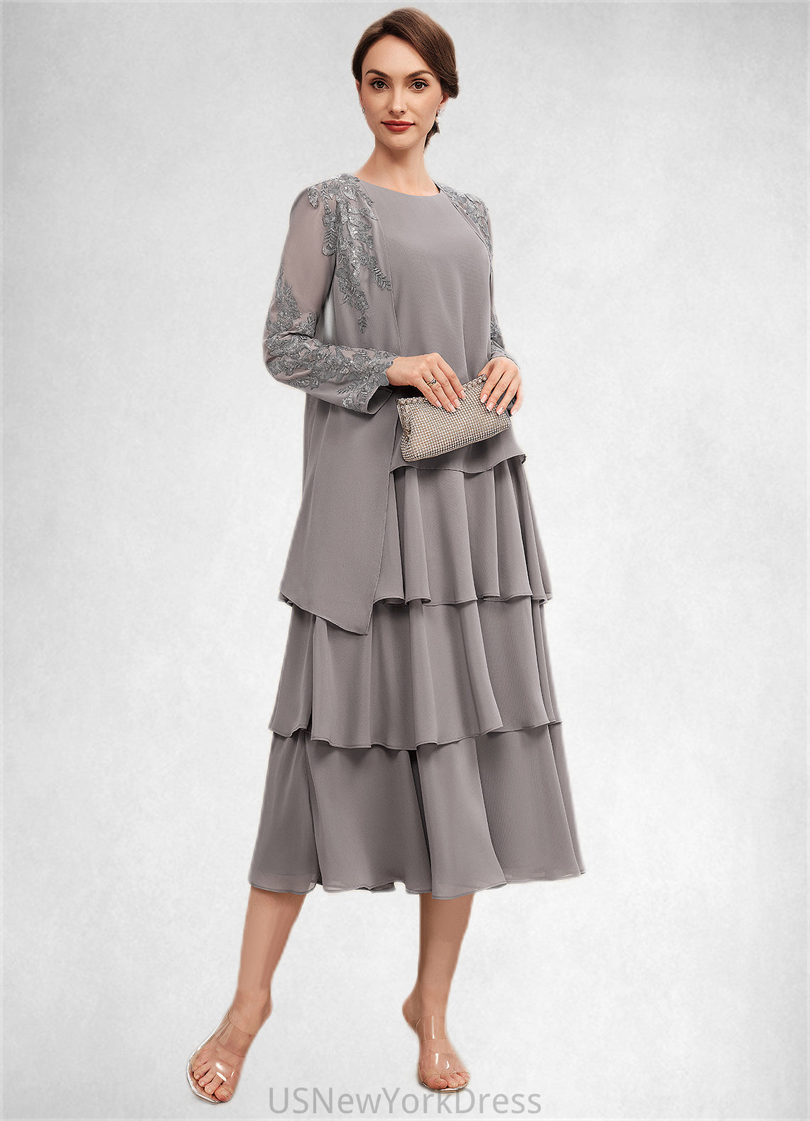 Skyler A-Line Scoop Neck Tea-Length Chiffon Mother of the Bride Dress With Cascading Ruffles DJ126P0014603