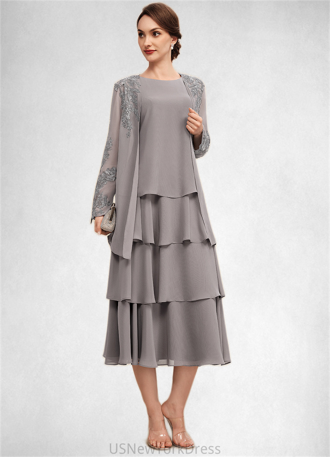 Skyler A-Line Scoop Neck Tea-Length Chiffon Mother of the Bride Dress With Cascading Ruffles DJ126P0014603