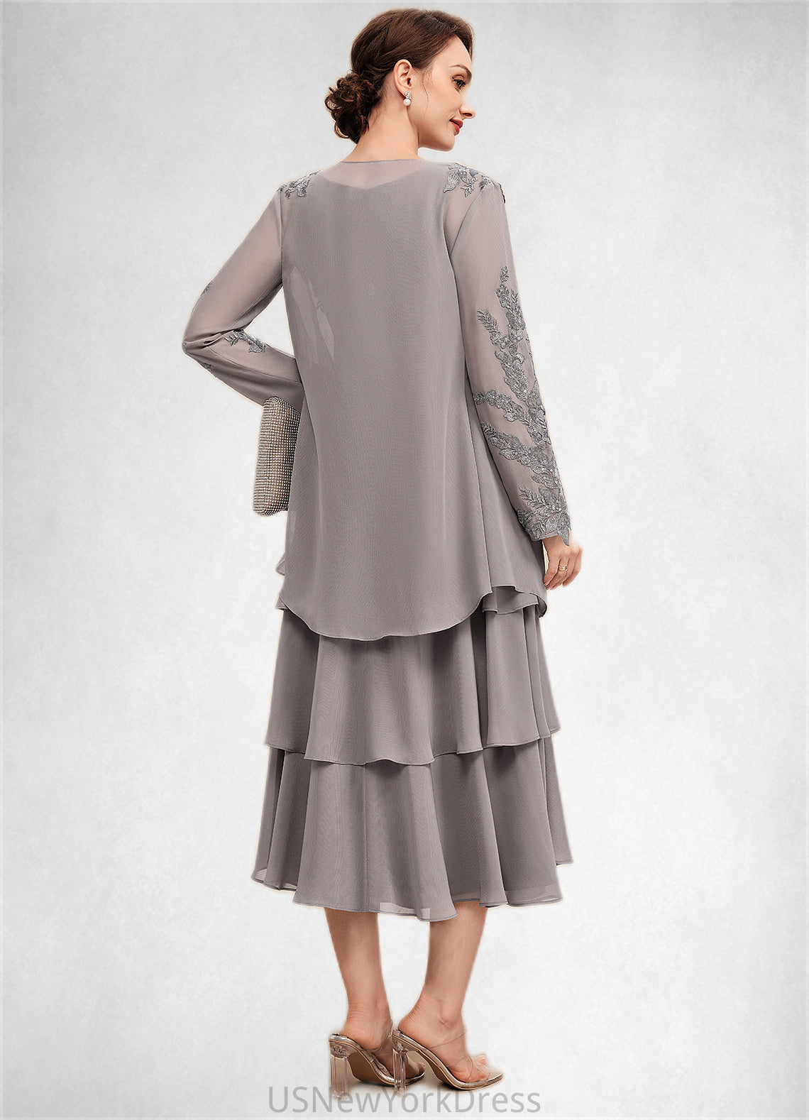 Skyler A-Line Scoop Neck Tea-Length Chiffon Mother of the Bride Dress With Cascading Ruffles DJ126P0014603