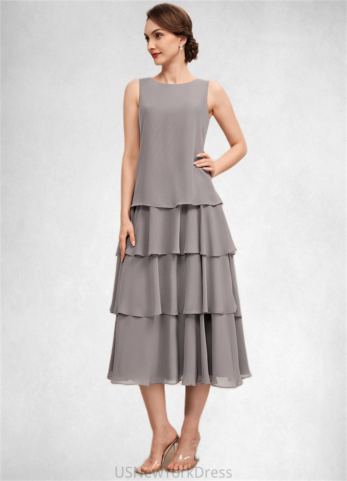 Skyler A-Line Scoop Neck Tea-Length Chiffon Mother of the Bride Dress With Cascading Ruffles DJ126P0014603