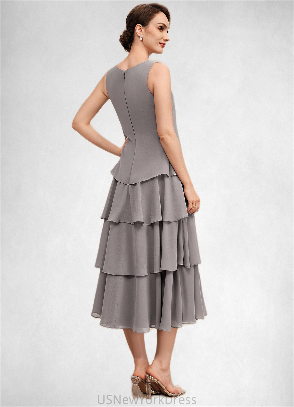 Skyler A-Line Scoop Neck Tea-Length Chiffon Mother of the Bride Dress With Cascading Ruffles DJ126P0014603