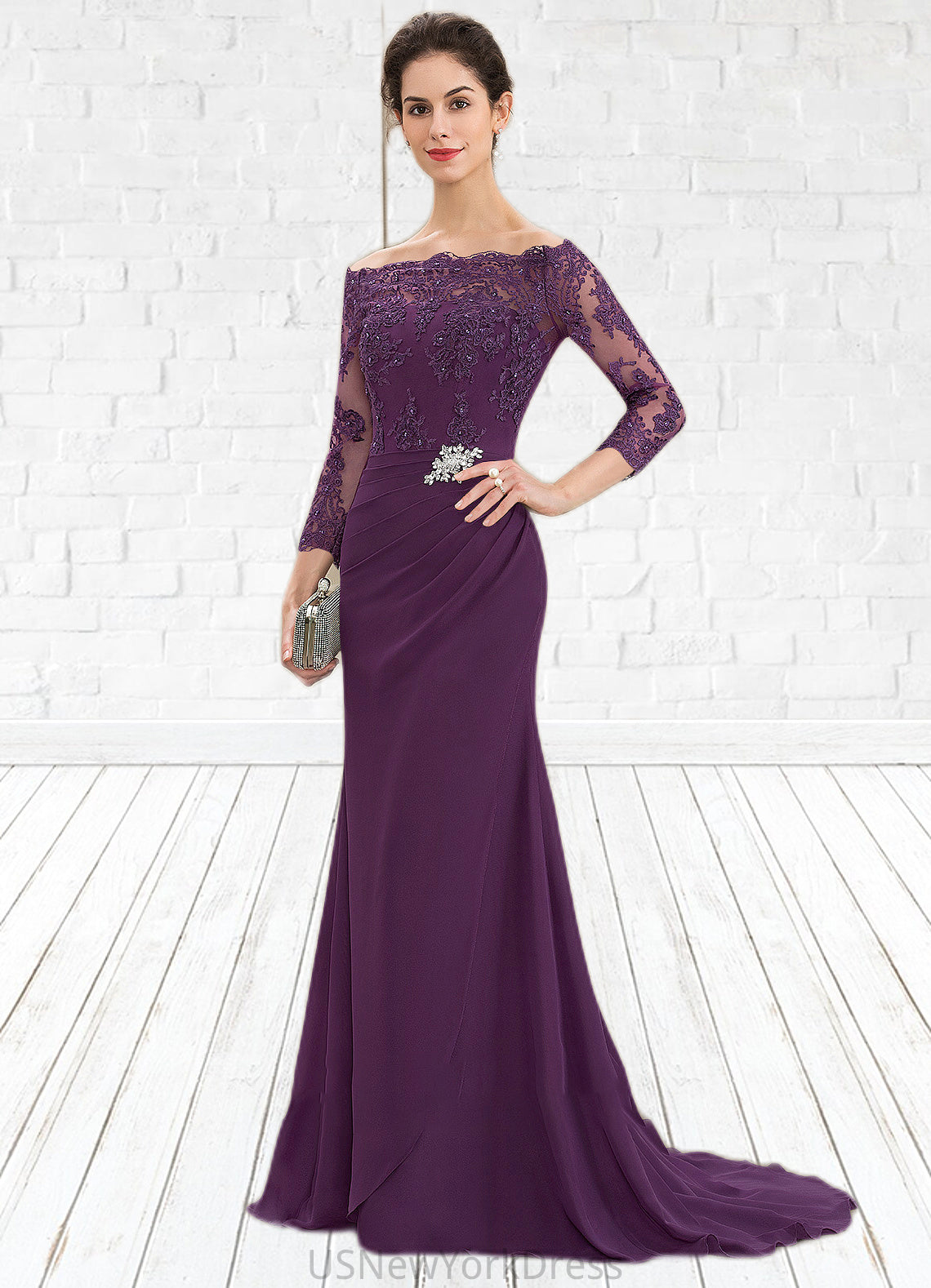 Jayla Trumpet/Mermaid Off-the-Shoulder Sweep Train Chiffon Lace Mother of the Bride Dress With Beading Sequins DJ126P0014604