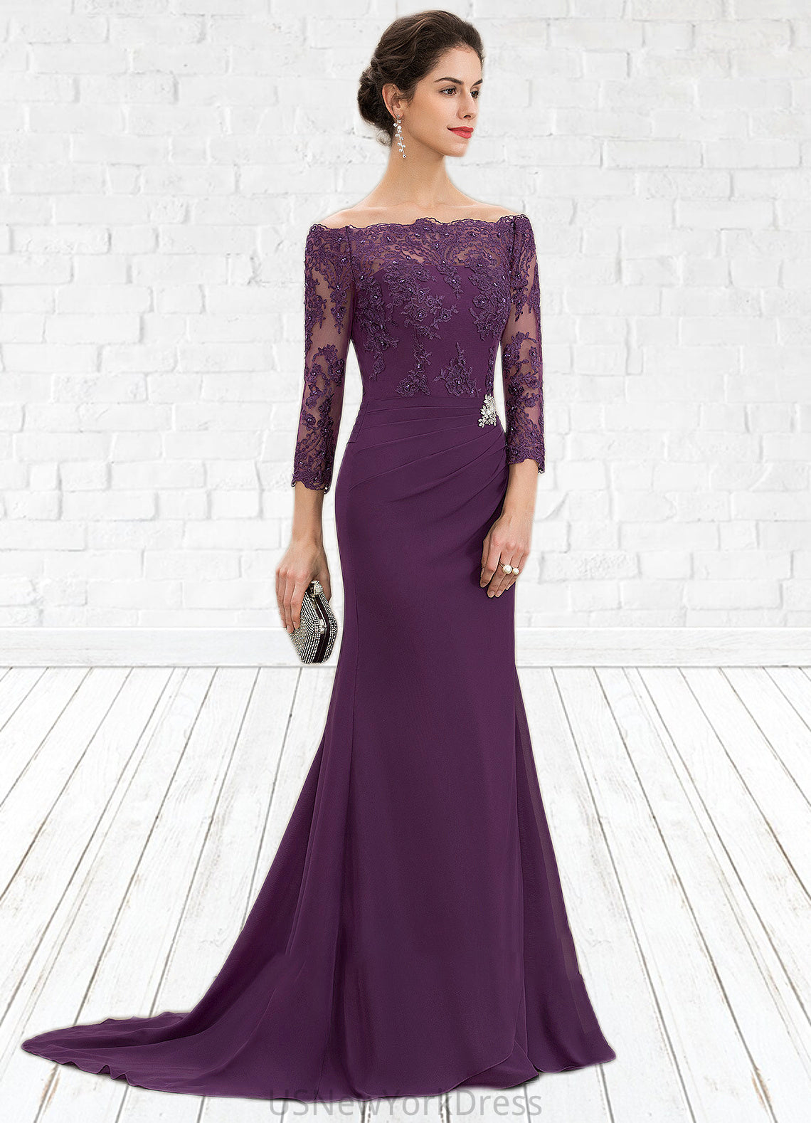 Jayla Trumpet/Mermaid Off-the-Shoulder Sweep Train Chiffon Lace Mother of the Bride Dress With Beading Sequins DJ126P0014604