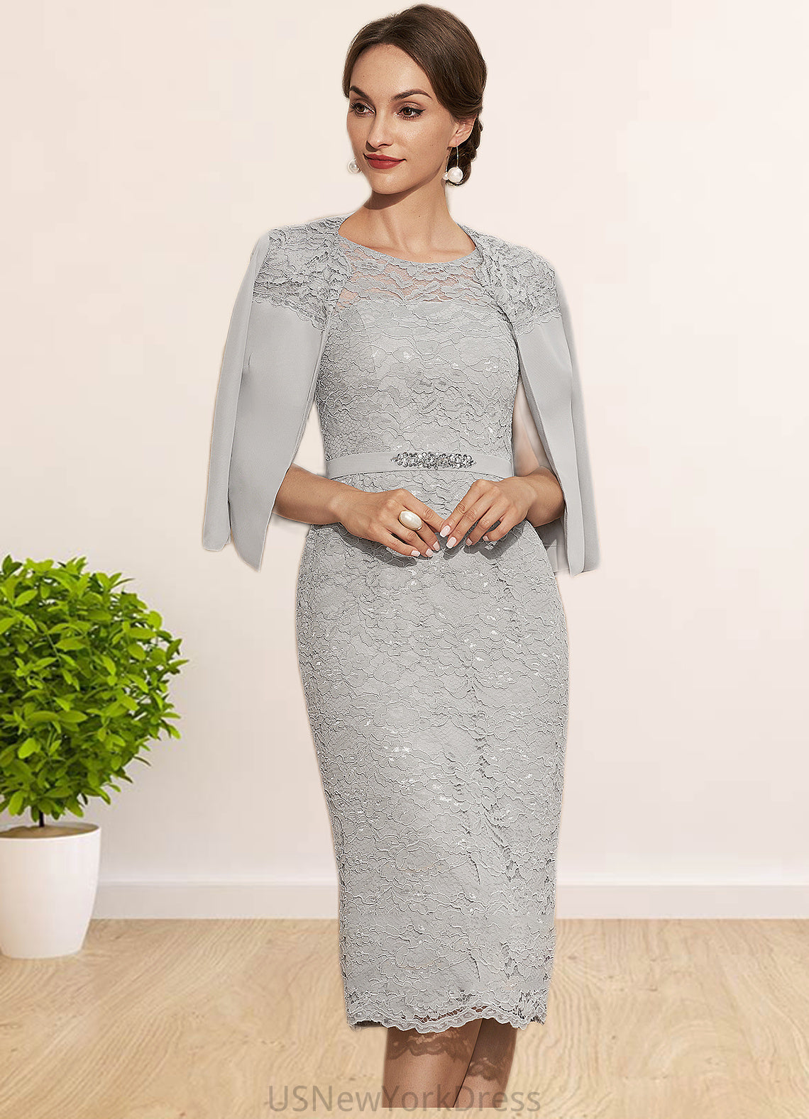 Jaslene Sheath/Column Scoop Neck Knee-Length Chiffon Lace Mother of the Bride Dress With Beading DJ126P0014605