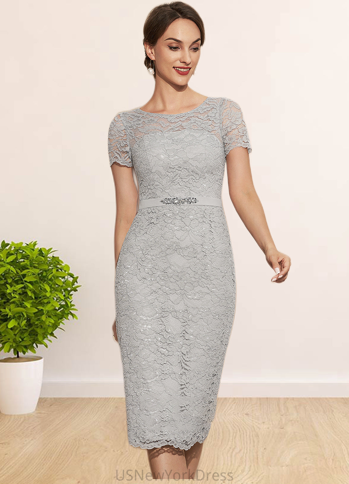 Jaslene Sheath/Column Scoop Neck Knee-Length Chiffon Lace Mother of the Bride Dress With Beading DJ126P0014605