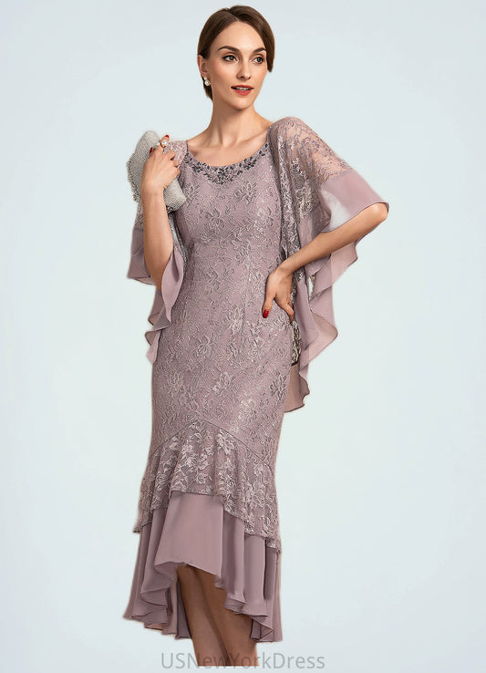 Hazel Trumpet/Mermaid Scoop Neck Asymmetrical Chiffon Lace Mother of the Bride Dress With Beading Sequins DJ126P0014606