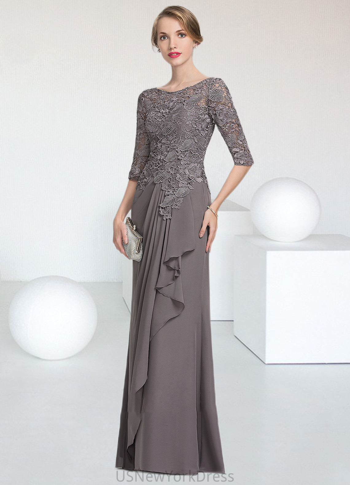 Natalya A-Line Scoop Neck Floor-Length Chiffon Lace Mother of the Bride Dress With Cascading Ruffles DJ126P0014608